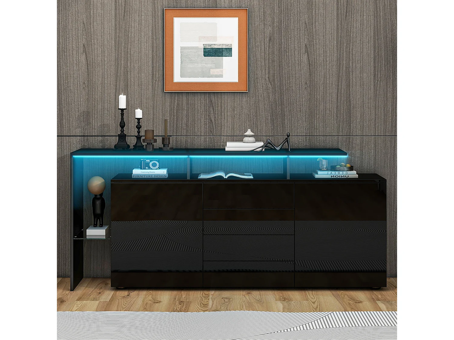 Credenza soggiorno nera moderna 160 cm con illuminazione LED regolabile, 2 ante e 4 cassetti, mobile per soggiorno e sala da pranzo