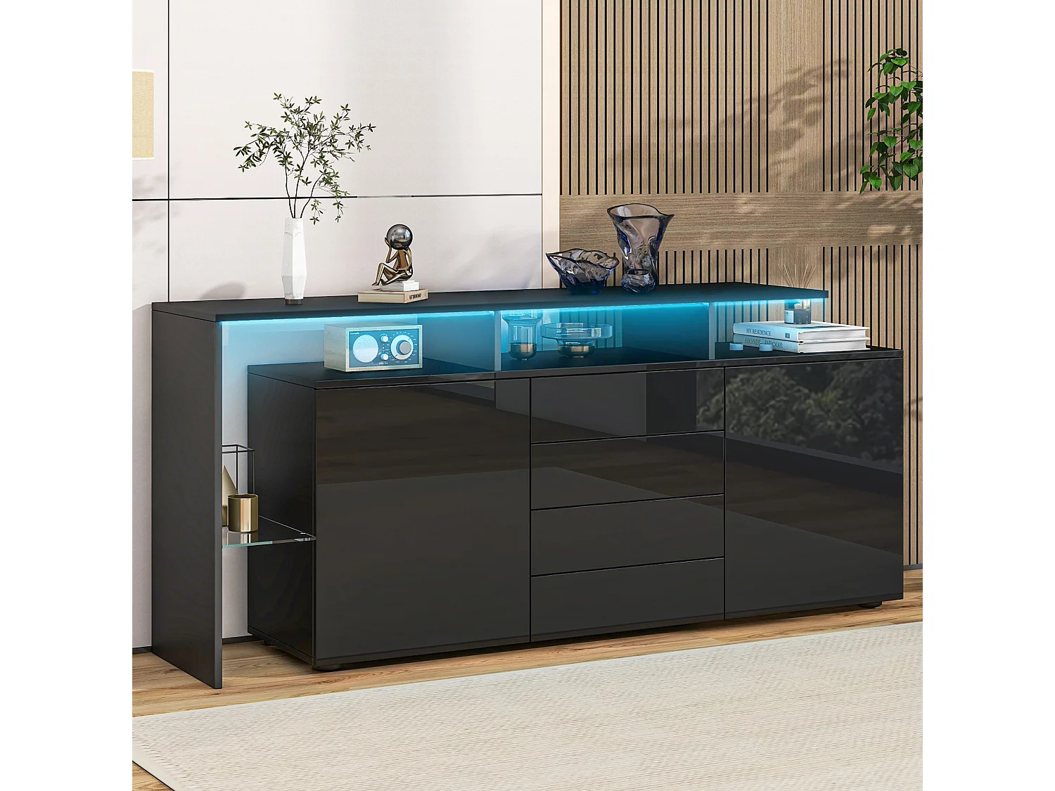 Credenza soggiorno nera moderna 160 cm con illuminazione LED regolabile, 2 ante e 4 cassetti, mobile per soggiorno e sala da pranzo