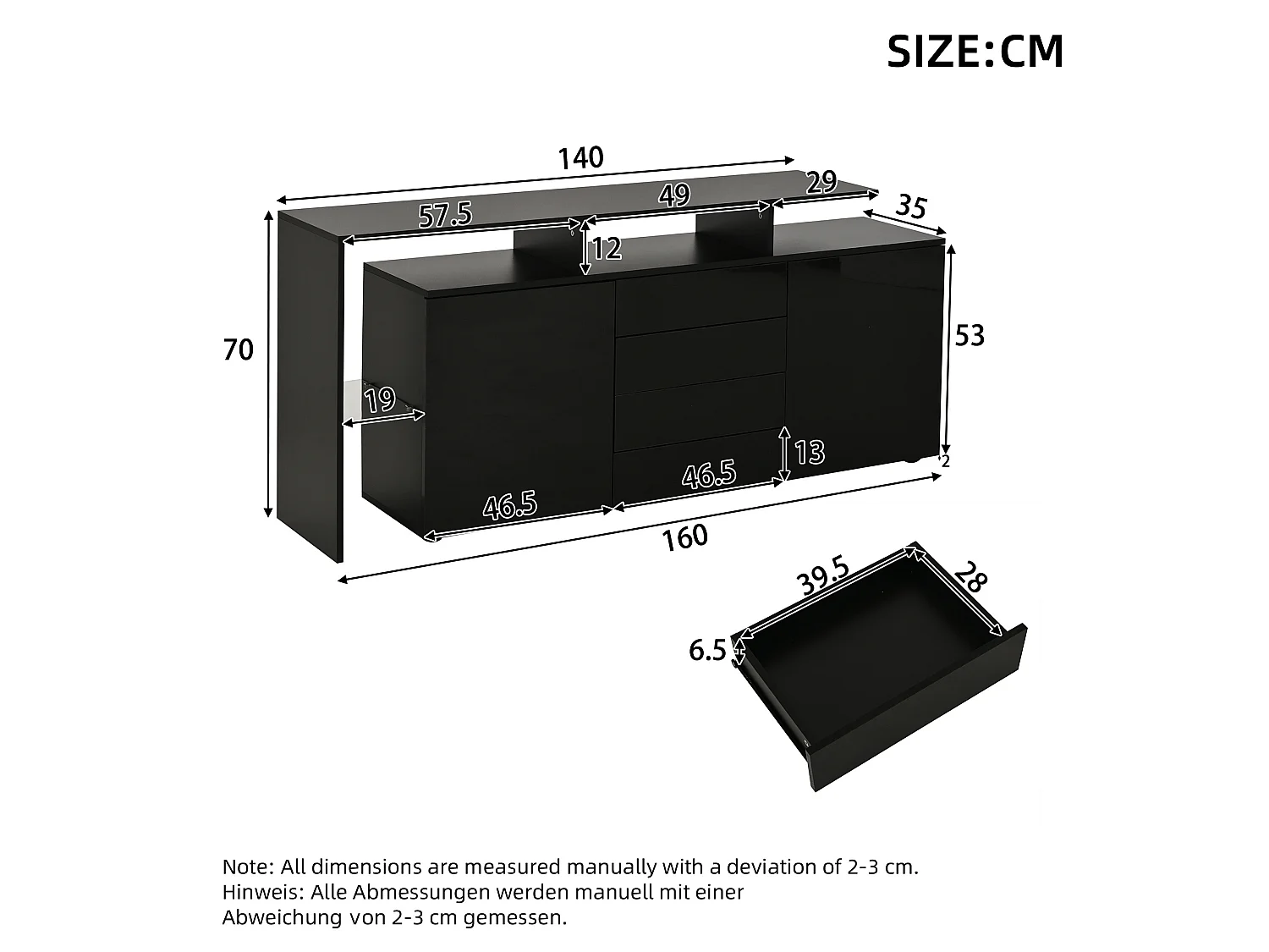 Credenza soggiorno nera moderna 160 cm con illuminazione LED regolabile, 2 ante e 4 cassetti, mobile per soggiorno e sala da pranzo