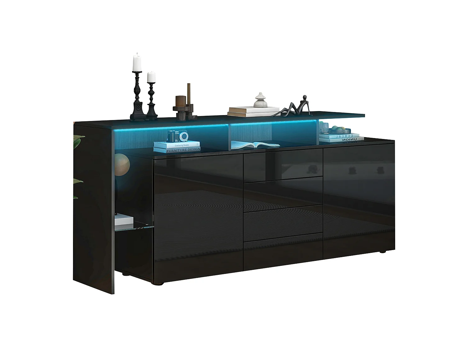 Credenza soggiorno nera moderna 160 cm con illuminazione LED regolabile, 2 ante e 4 cassetti, mobile per soggiorno e sala da pranzo