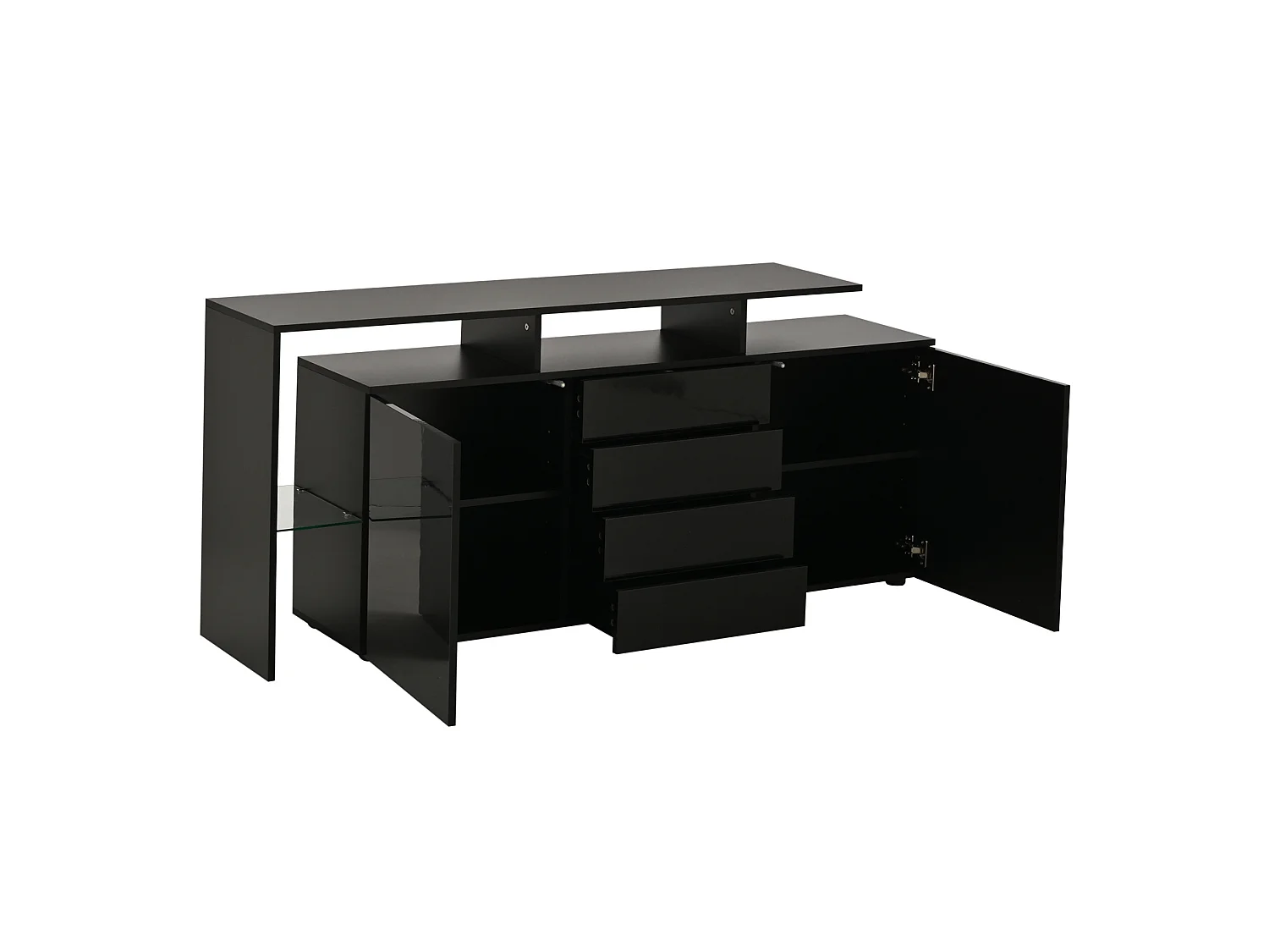 Credenza soggiorno nera moderna 160 cm con illuminazione LED regolabile, 2 ante e 4 cassetti, mobile per soggiorno e sala da pranzo