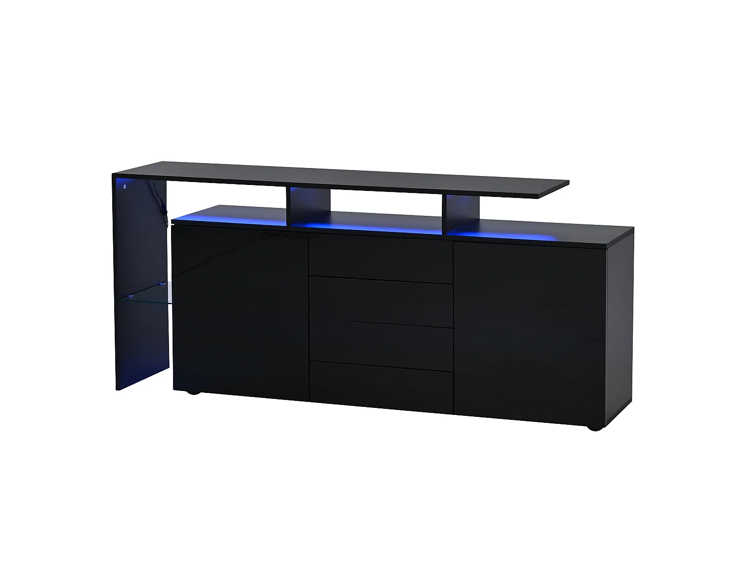 Credenza soggiorno nera moderna 160 cm con illuminazione LED regolabile, 2 ante e 4 cassetti, mobile per soggiorno e sala da pranzo