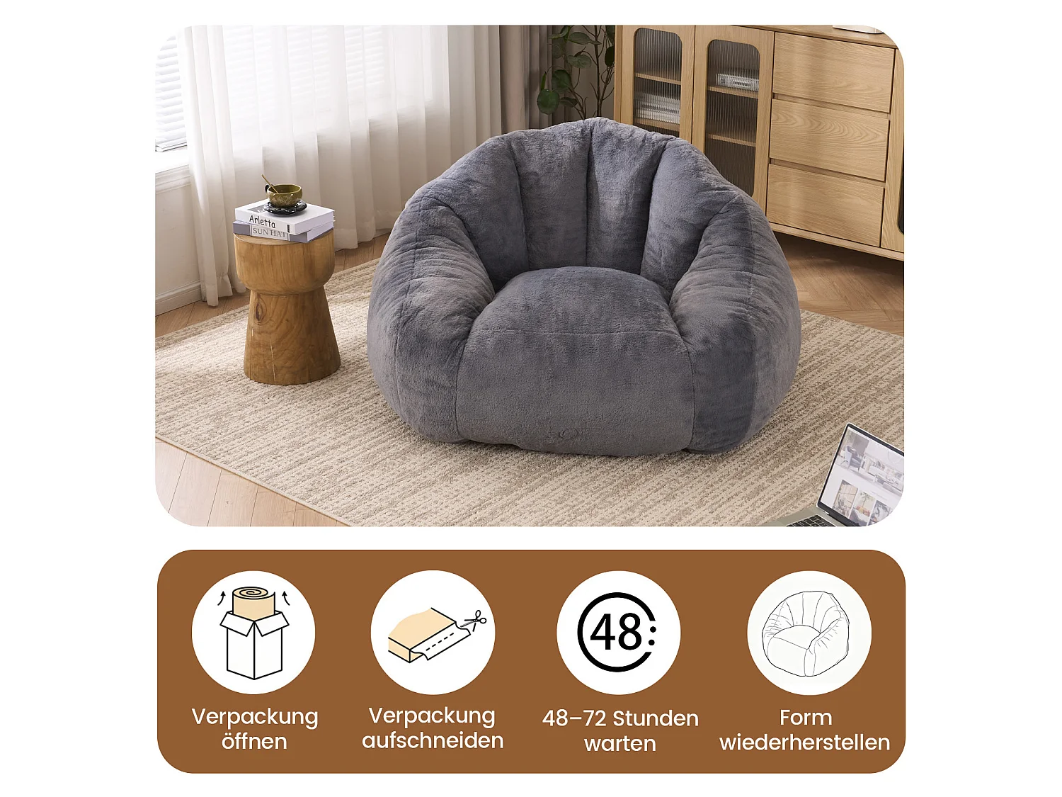 Grå sittpuff 123x111x75 cm i polyester, ergonomisk, för vardagsrum