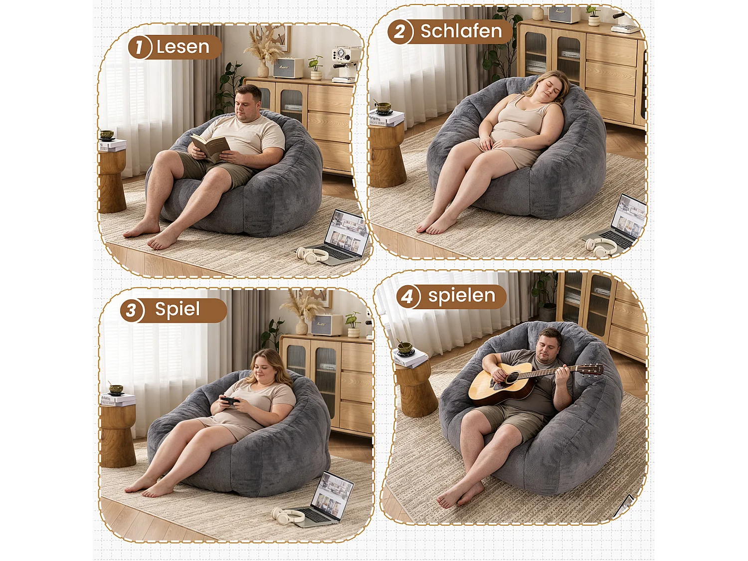 Grå sittpuff 123x111x75 cm i polyester, ergonomisk, för vardagsrum