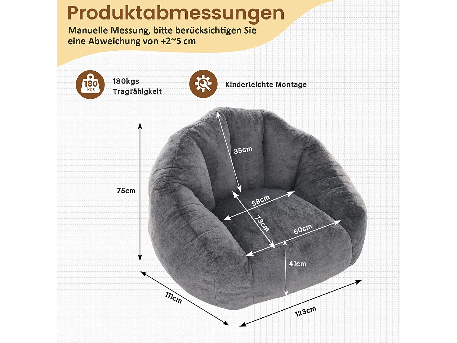 Grå sittpuff 123x111x75 cm i polyester, ergonomisk, för vardagsrum