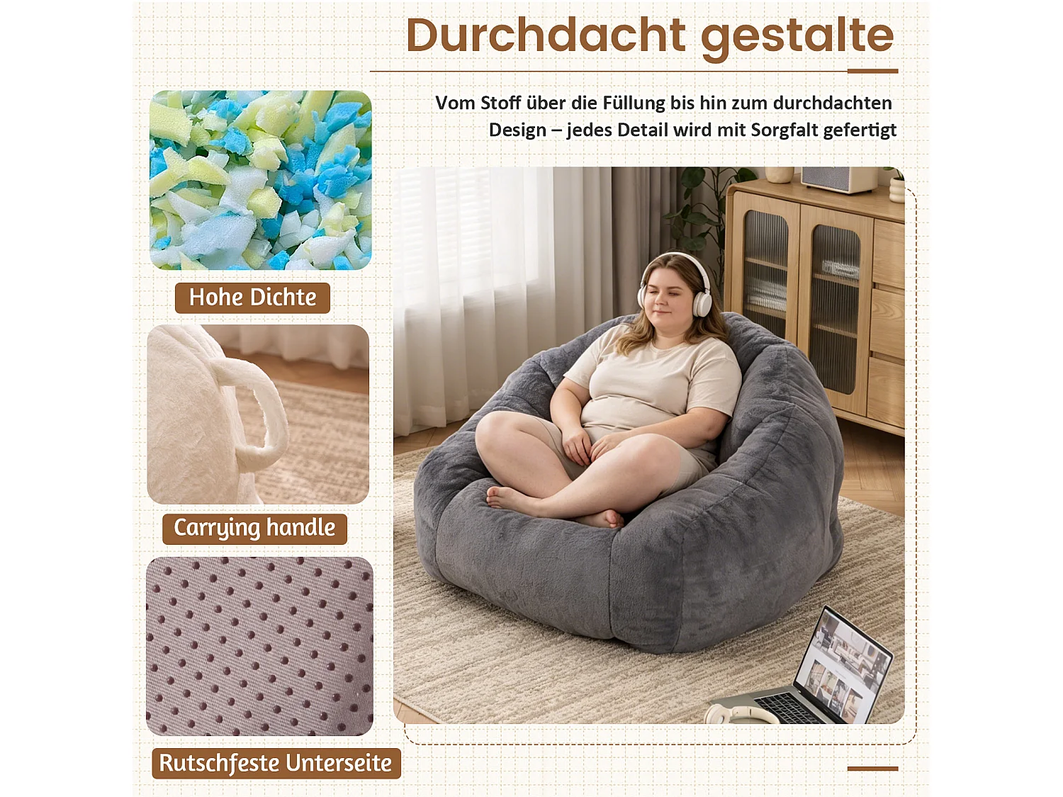 Grå sittpuff 123x111x75 cm i polyester, ergonomisk, för vardagsrum