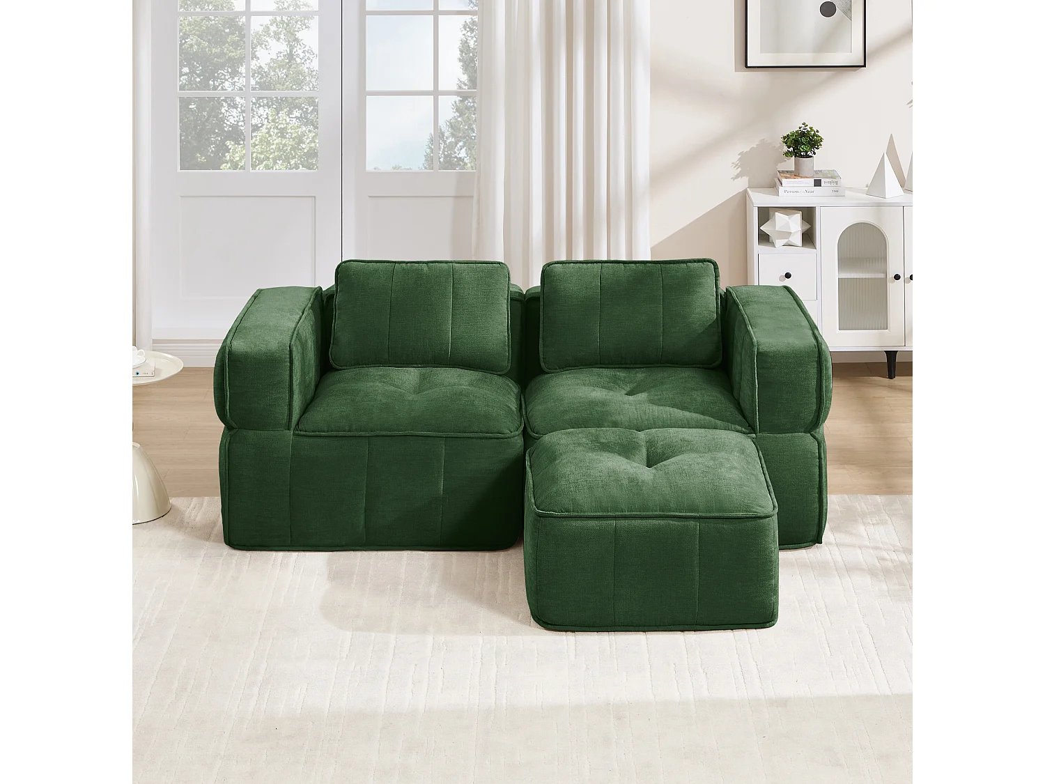 Modulbar hörnsoffa 2-sits polyester grön, med fotpall, djup sittbredd