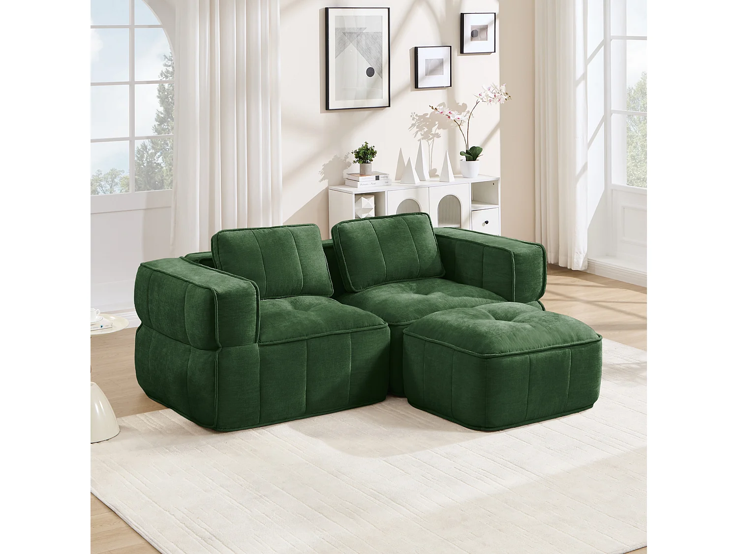 Modulbar hörnsoffa 2-sits polyester grön, med fotpall, djup sittbredd