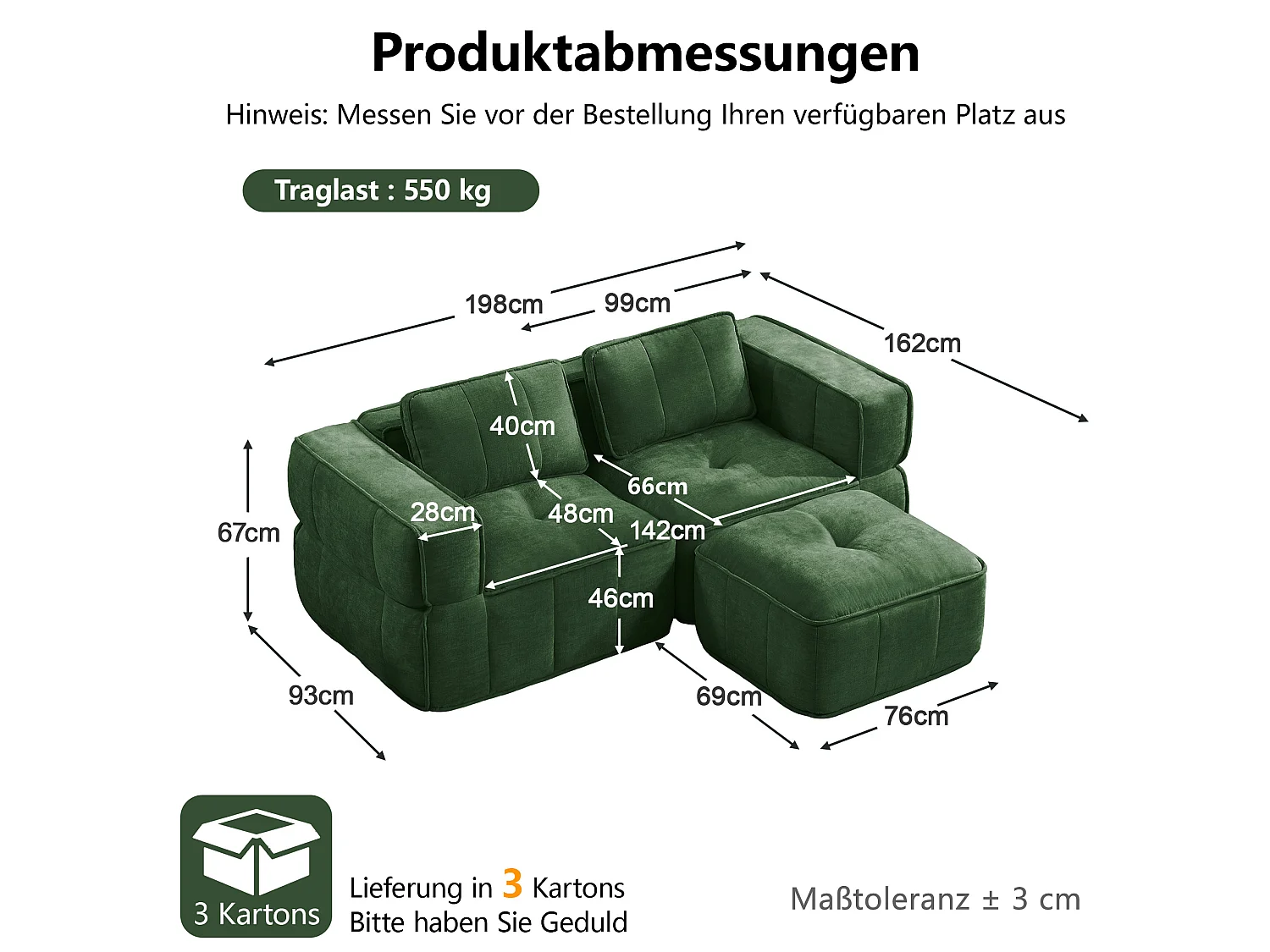 Modulbar hörnsoffa 2-sits polyester grön, med fotpall, djup sittbredd