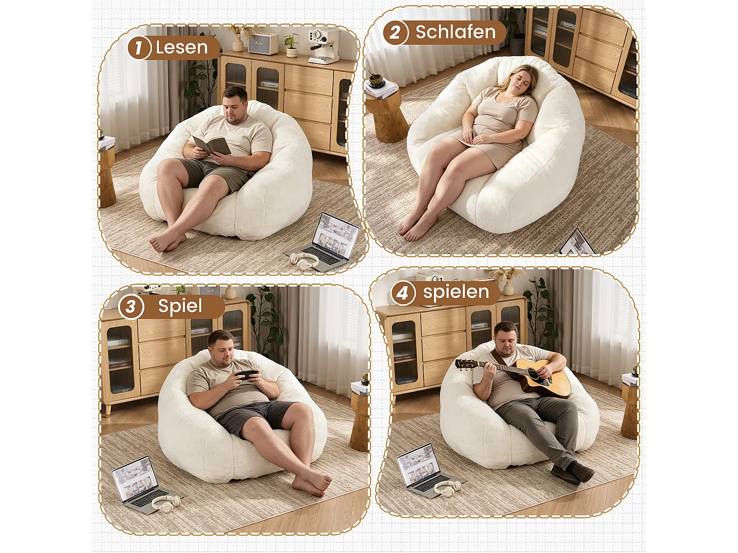 Weißer Sitzsack 123x111x75 cm aus Polyester, ergonomisch, für das Wohnzimmer