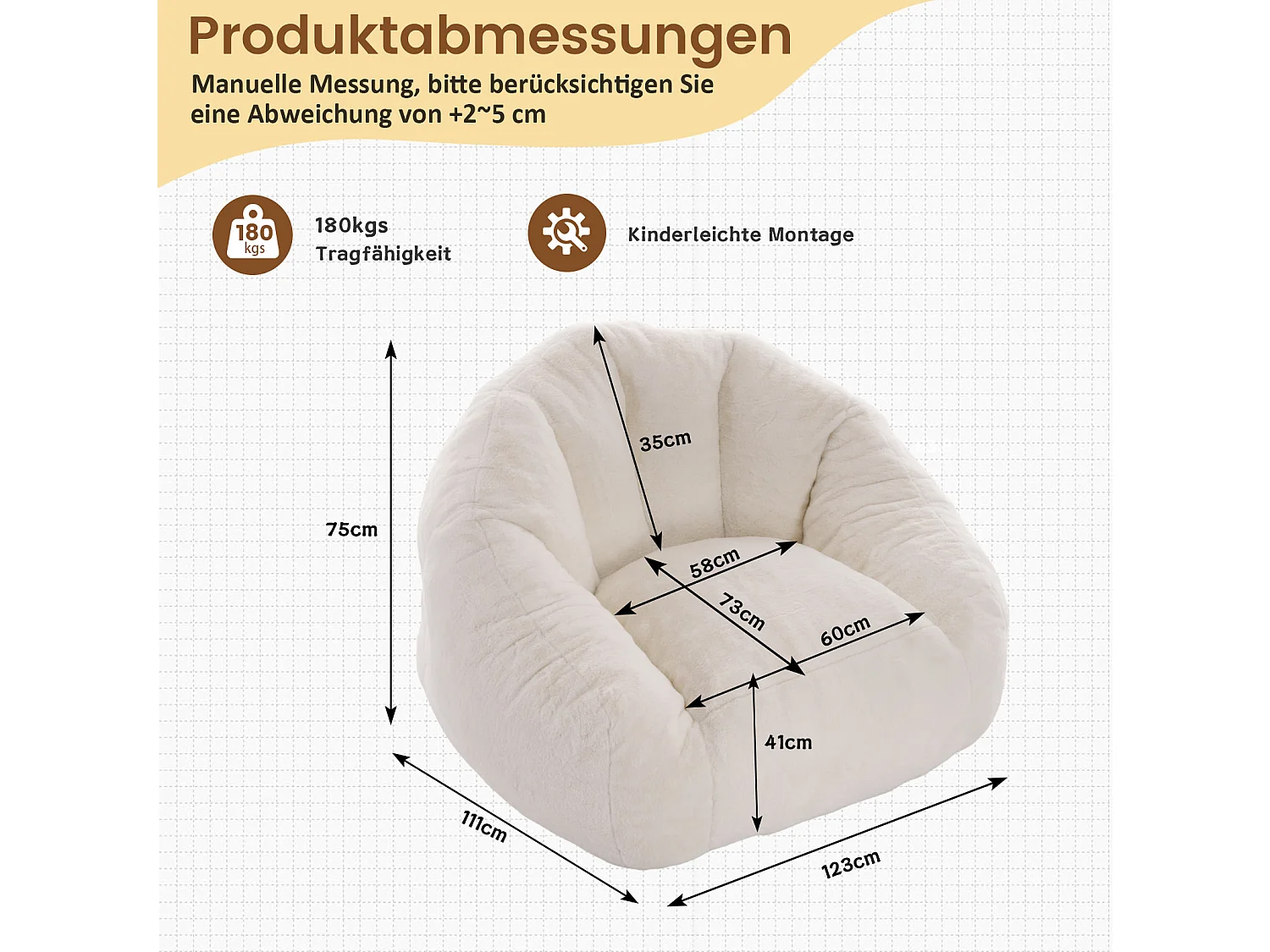 Weißer Sitzsack 123x111x75 cm aus Polyester, ergonomisch, für das Wohnzimmer