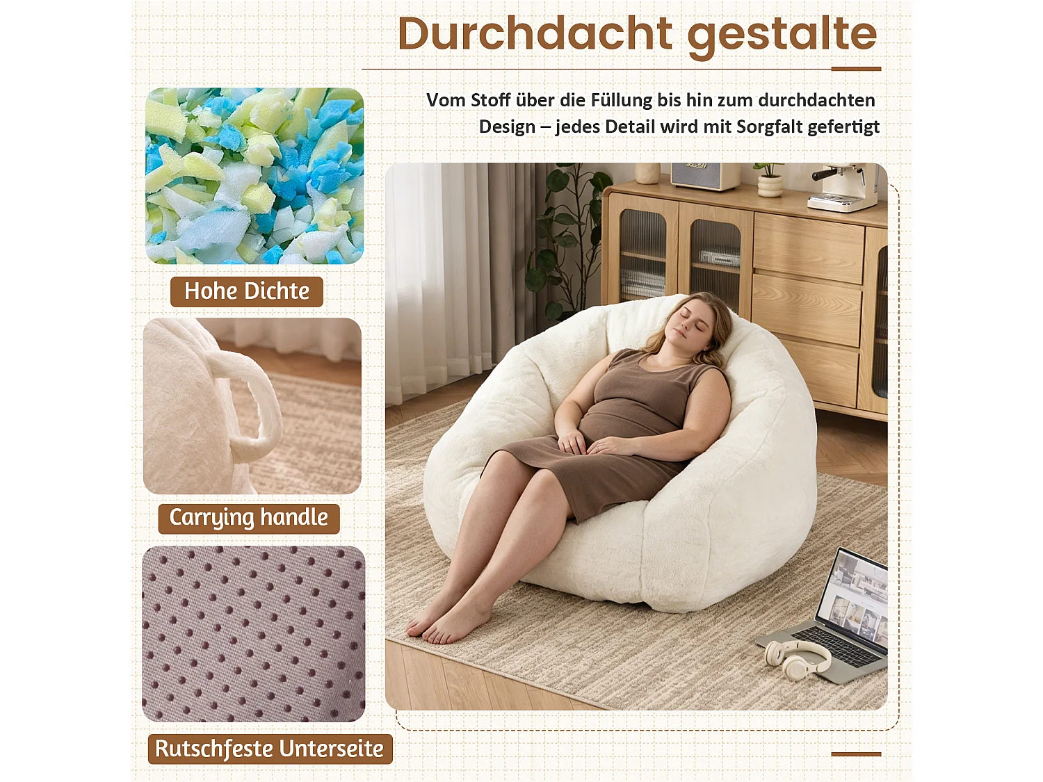 Weißer Sitzsack 123x111x75 cm aus Polyester, ergonomisch, für das Wohnzimmer