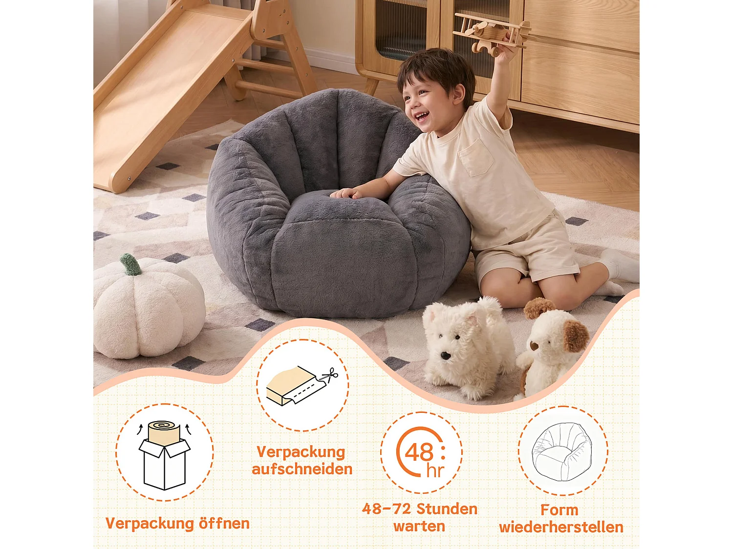 Fauteuil poire enfant gris 75x70x52 cm en polyester, ergonomique, pour le salon