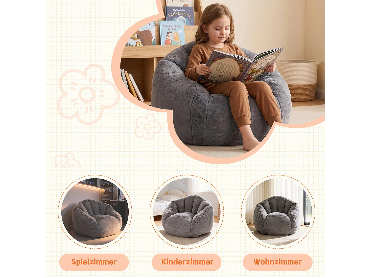Fauteuil poire enfant gris 75x70x52 cm en polyester, ergonomique, pour le salon