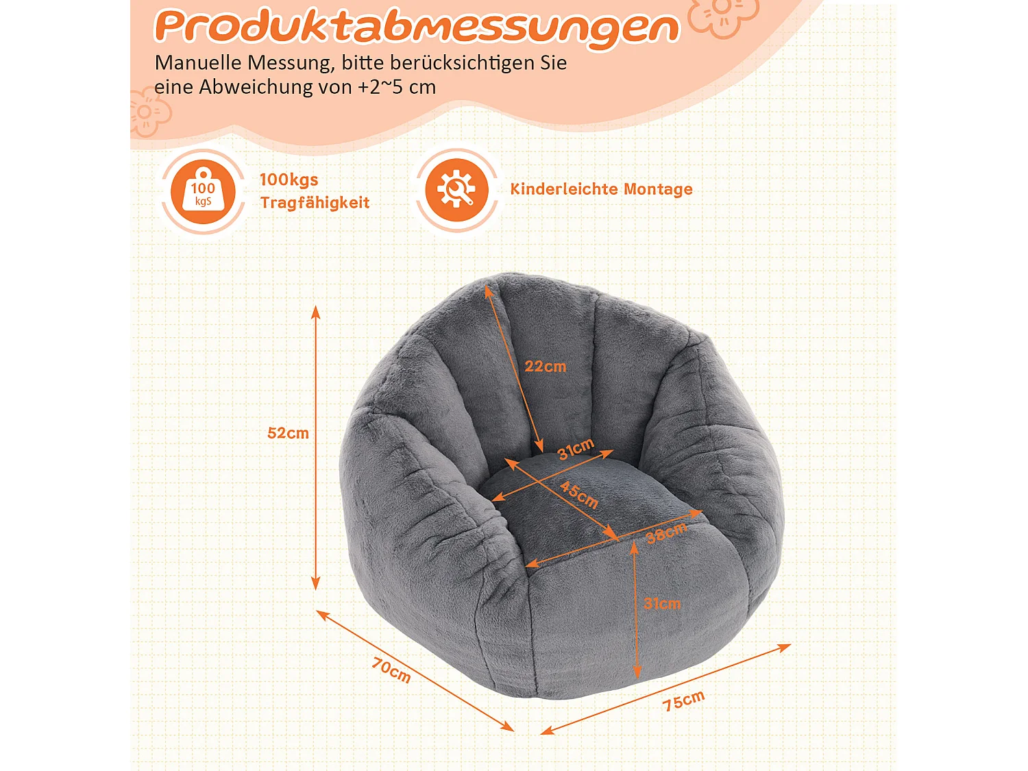 Fauteuil poire enfant gris 75x70x52 cm en polyester, ergonomique, pour le salon