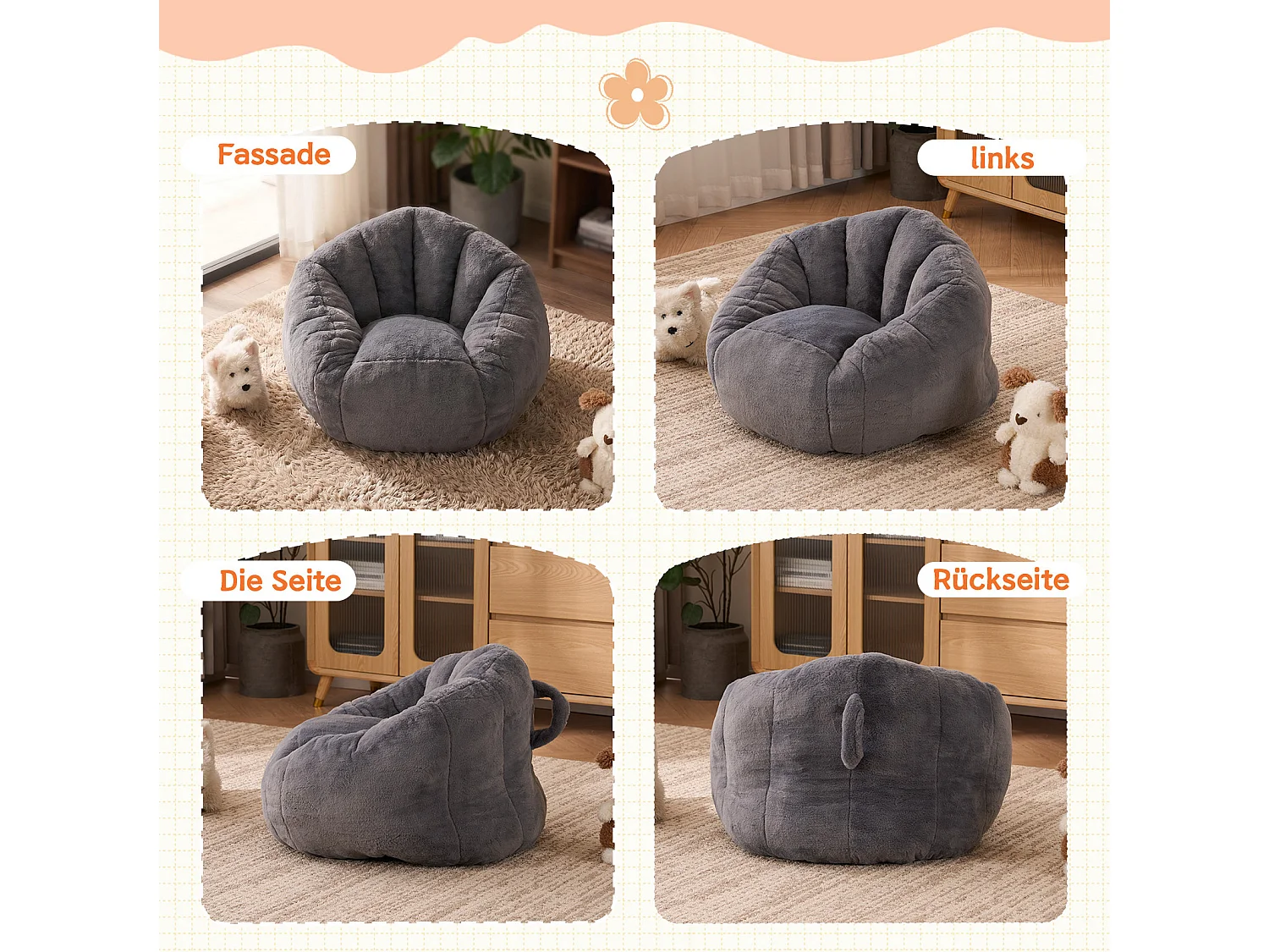 Fauteuil poire enfant gris 75x70x52 cm en polyester, ergonomique, pour le salon