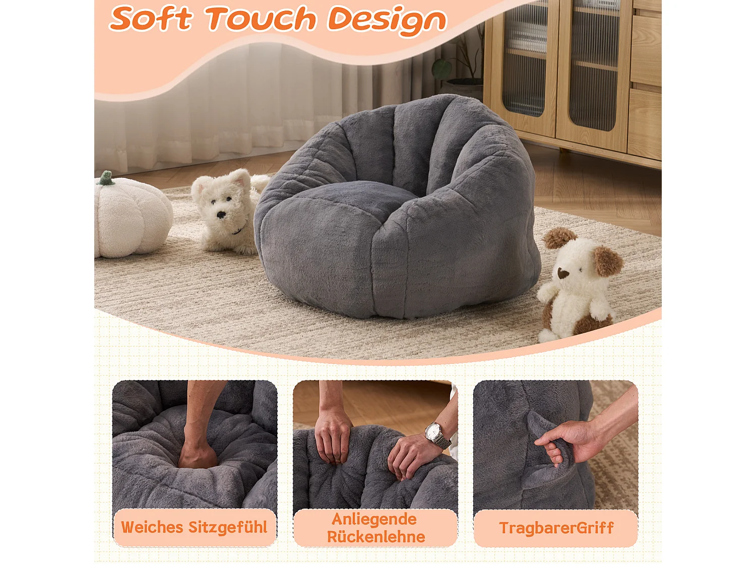 Fauteuil poire enfant gris 75x70x52 cm en polyester, ergonomique, pour le salon
