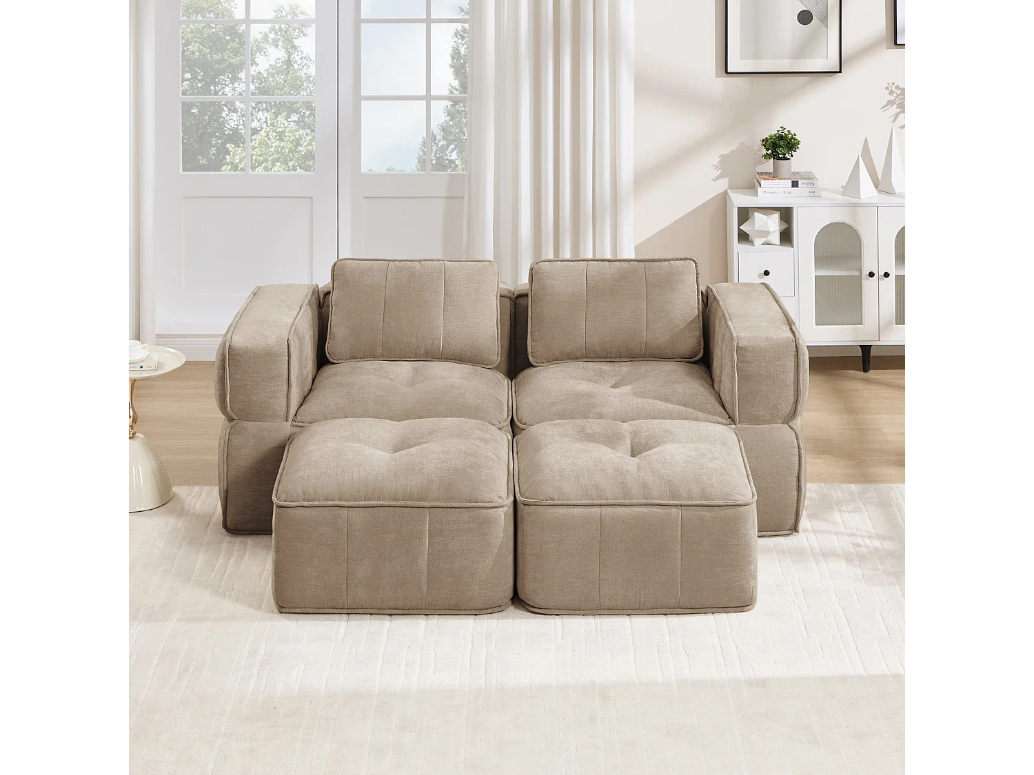 Modulbar hörnsoffa 2-sits polyester taupe, med 2 fotpallar, djup sittbredd