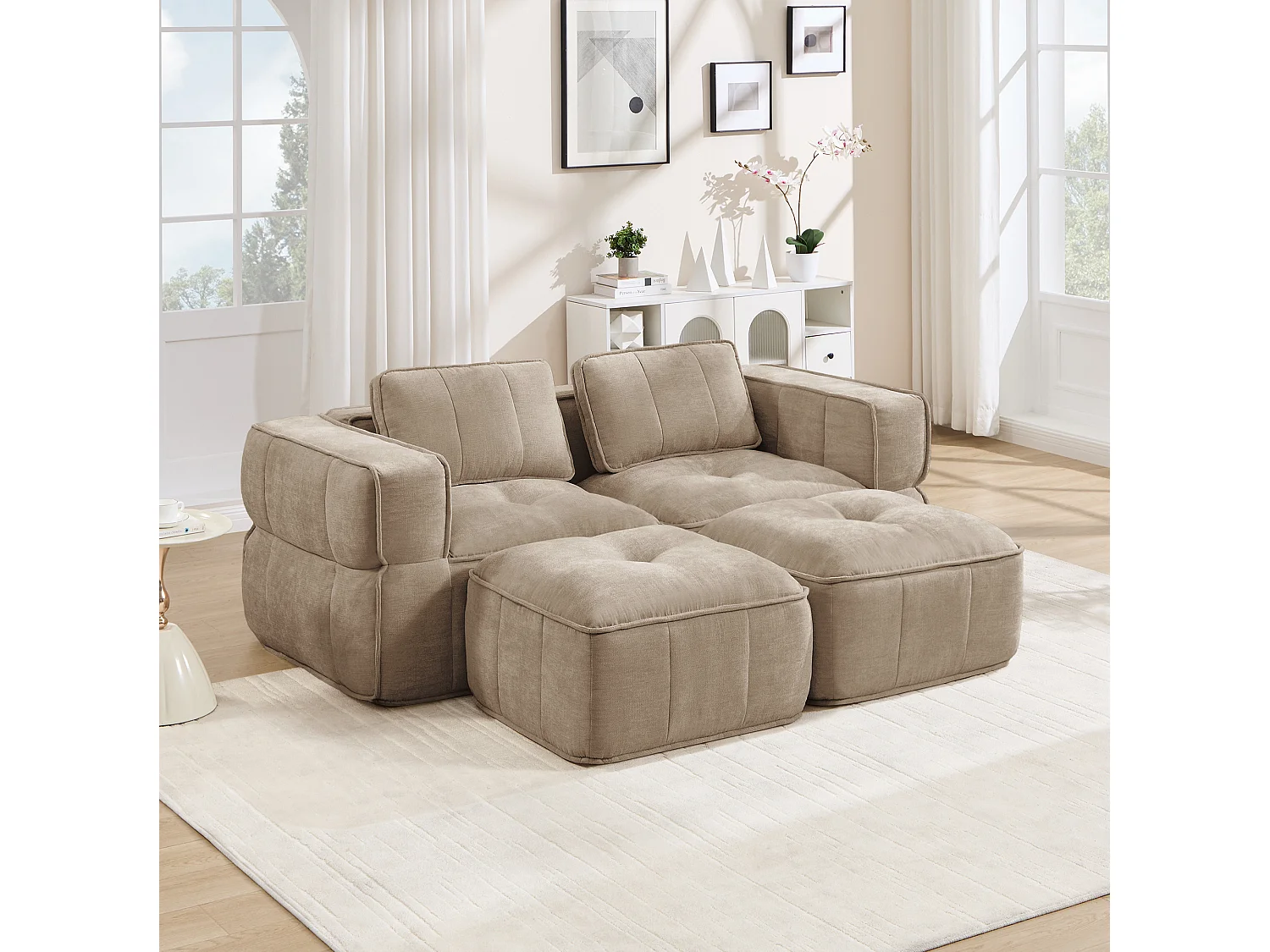 Modulbar hörnsoffa 2-sits polyester taupe, med 2 fotpallar, djup sittbredd