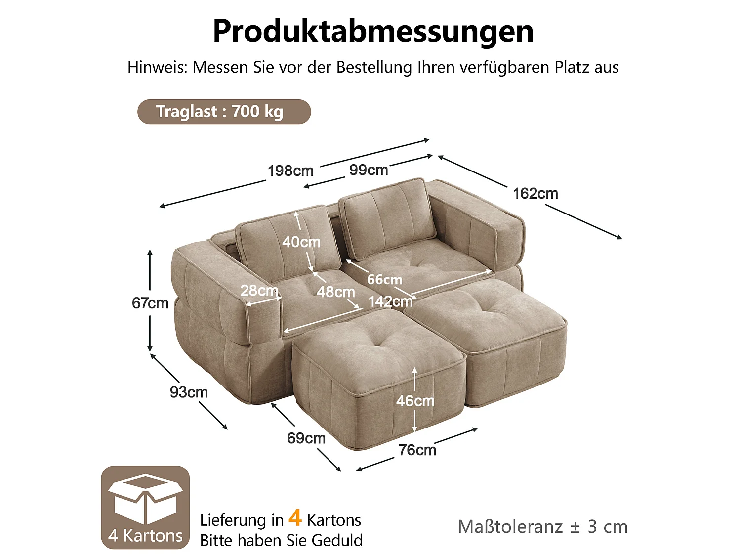 Modulbar hörnsoffa 2-sits polyester taupe, med 2 fotpallar, djup sittbredd