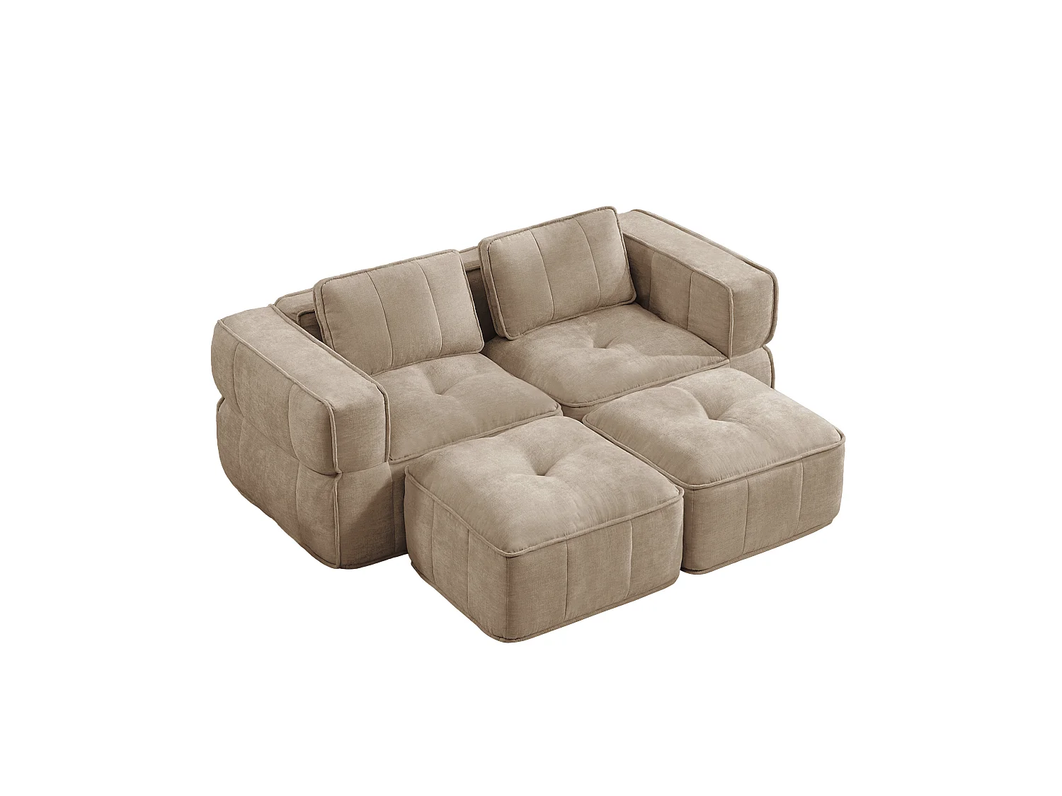 Modulbar hörnsoffa 2-sits polyester taupe, med 2 fotpallar, djup sittbredd