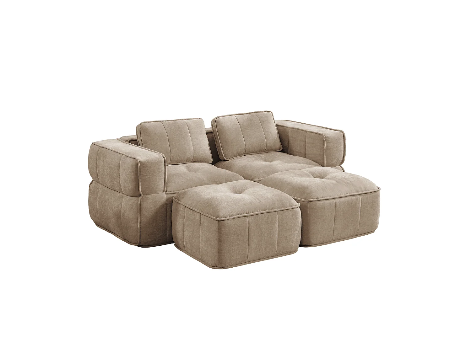 Modulbar hörnsoffa 2-sits polyester taupe, med 2 fotpallar, djup sittbredd