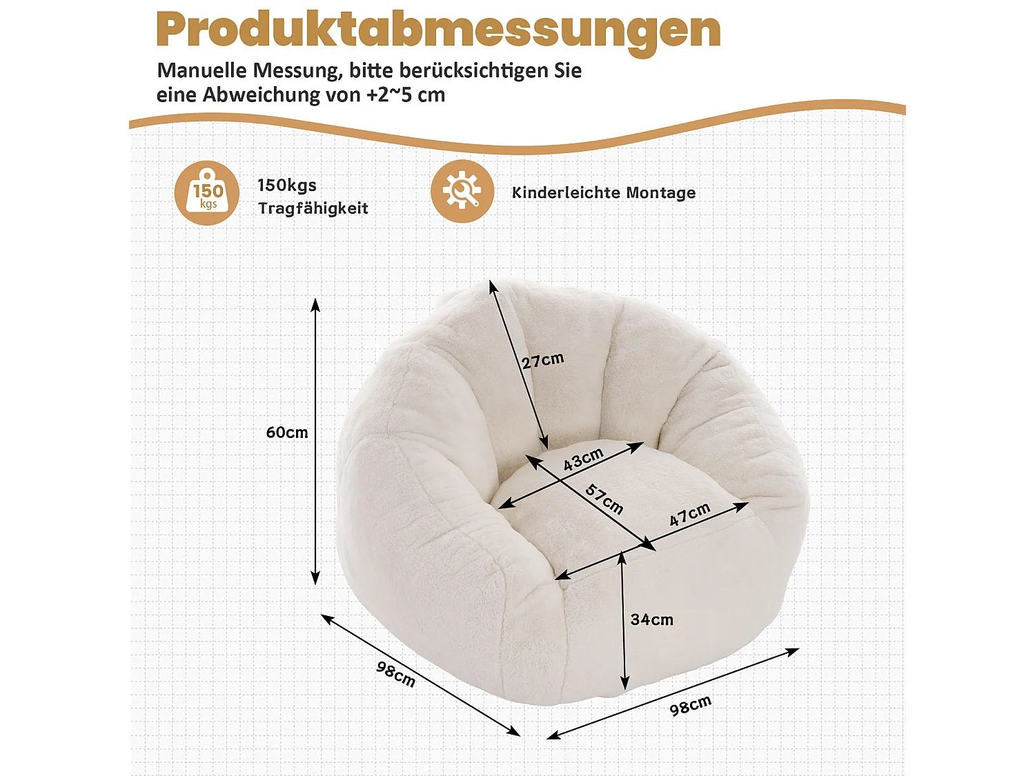 Vit sittpuff 98x98x60 cm i polyester, ergonomisk, för vardagsrum