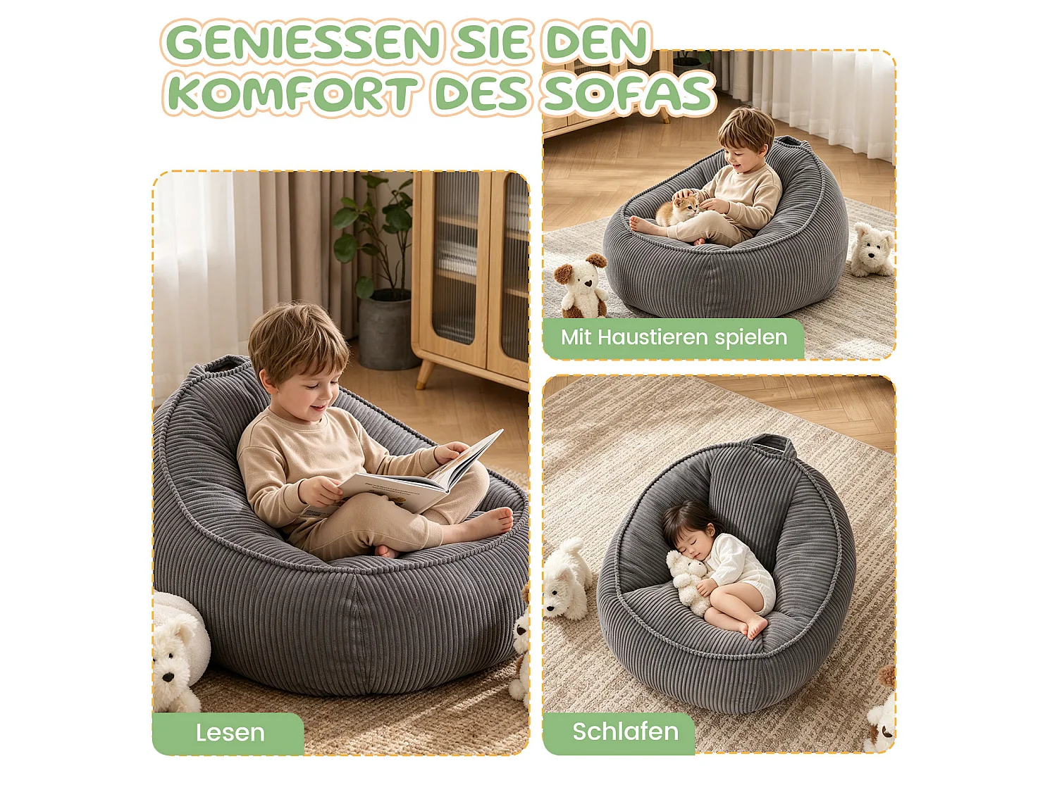 Poltrona pouf per bambini grigia 72x69x51 cm in velluto a coste, ergonomica con supporto per schiena e vita
