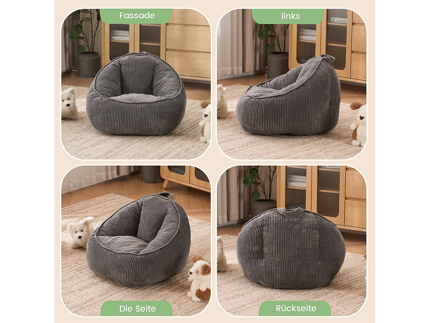 Poltrona pouf per bambini grigia 72x69x51 cm in velluto a coste, ergonomica con supporto per schiena e vita