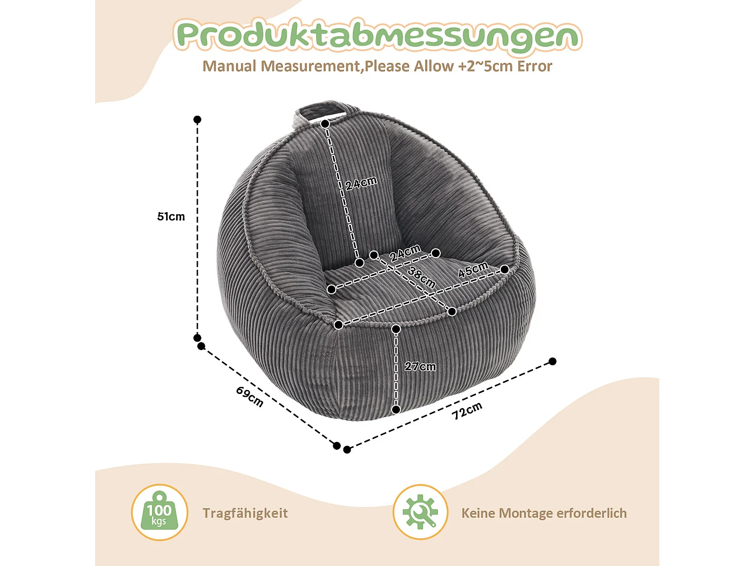 Poltrona pouf per bambini grigia 72x69x51 cm in velluto a coste, ergonomica con supporto per schiena e vita