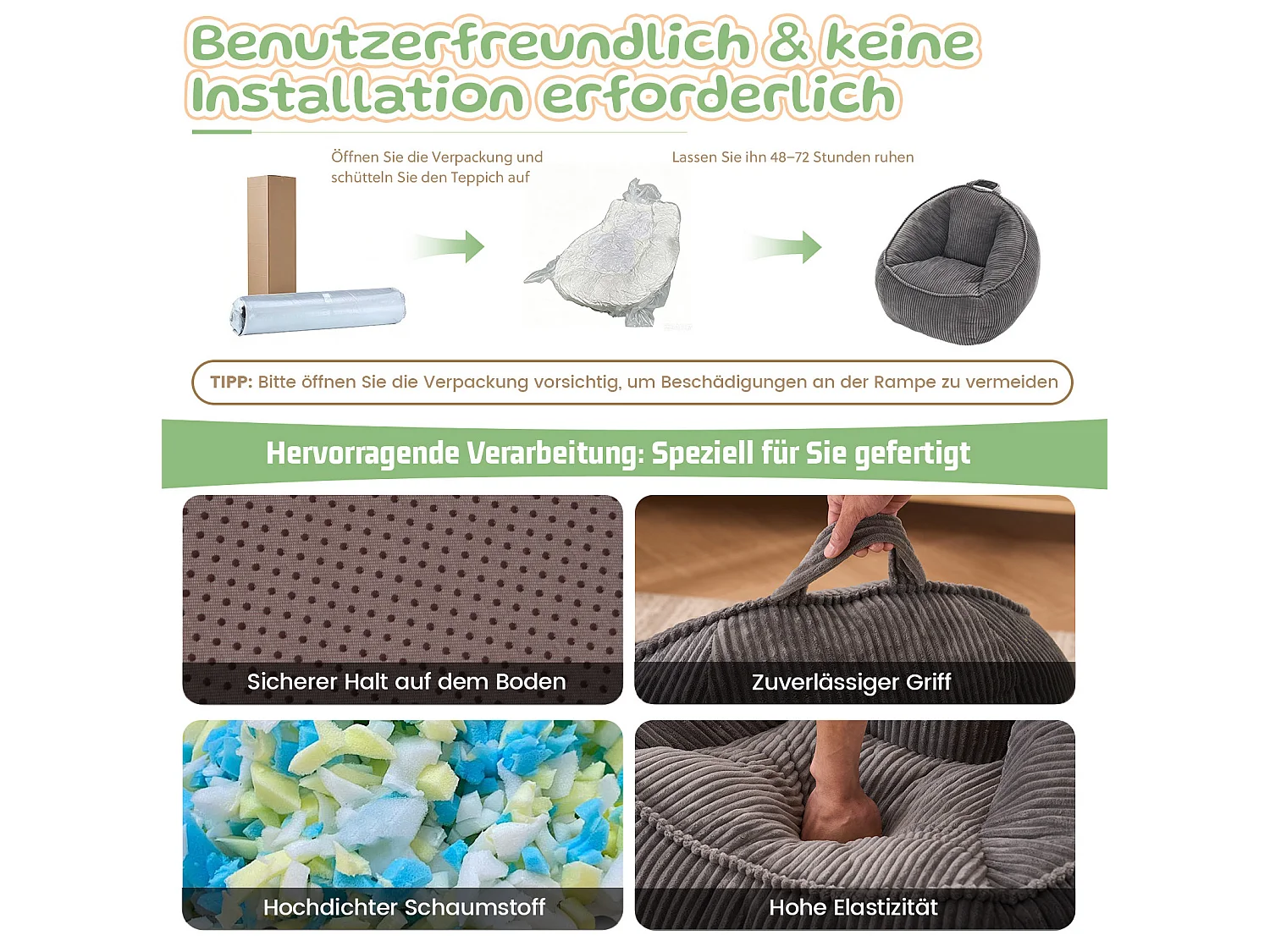 Poltrona pouf per bambini grigia 72x69x51 cm in velluto a coste, ergonomica con supporto per schiena e vita