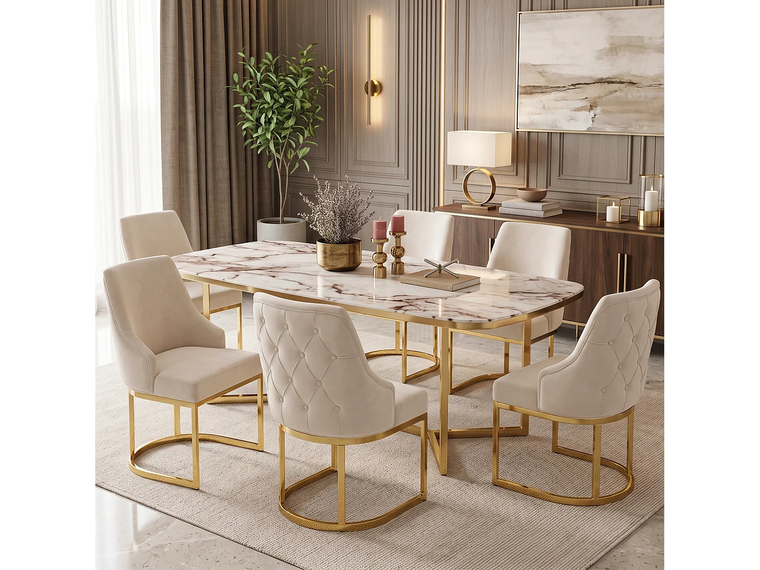 Juego de 4 sillas de comedor en terciopelo beige con estructura metálica dorada, diseño cómodo