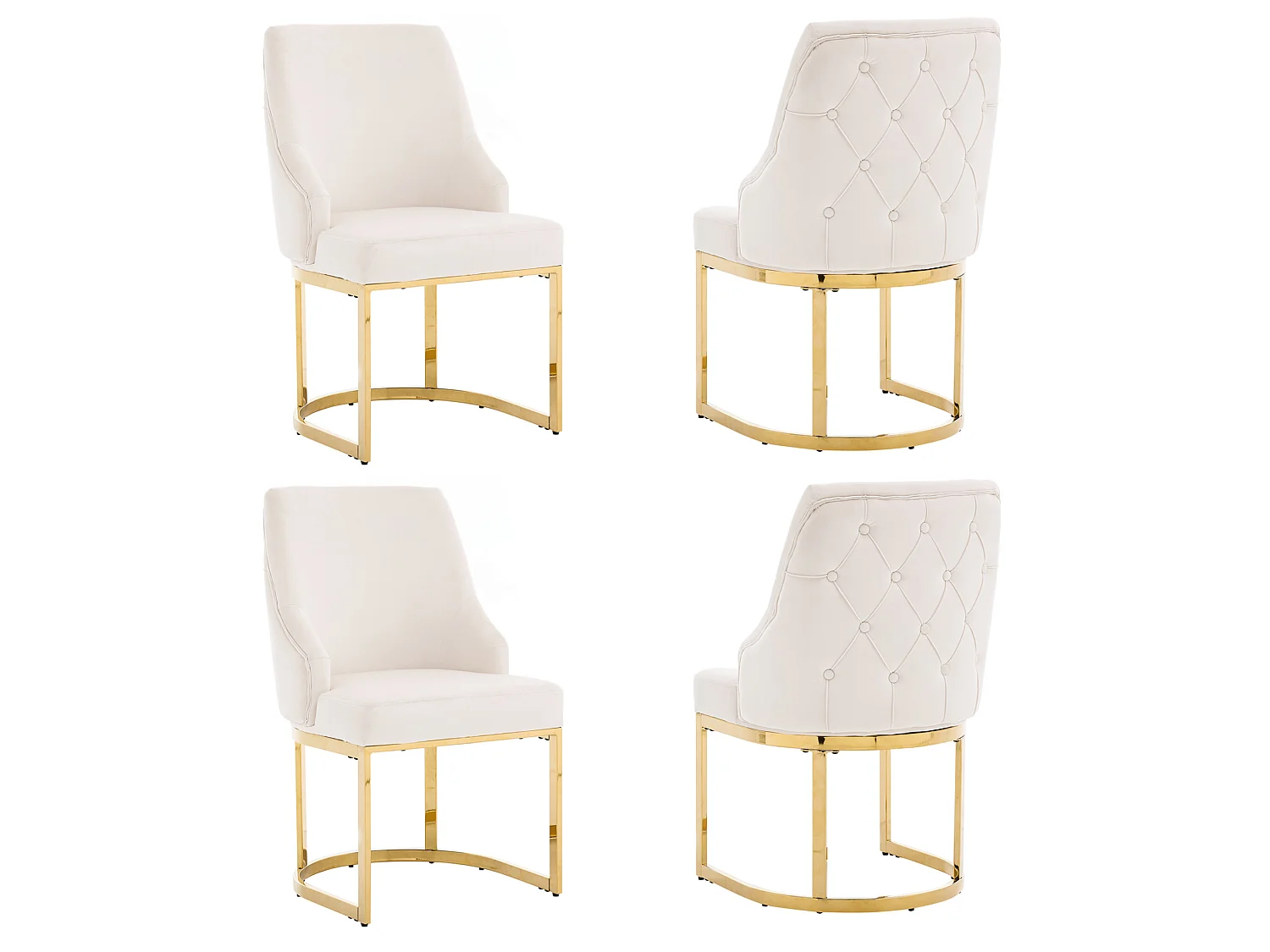 Juego de 4 sillas de comedor en terciopelo beige con estructura metálica dorada, diseño cómodo