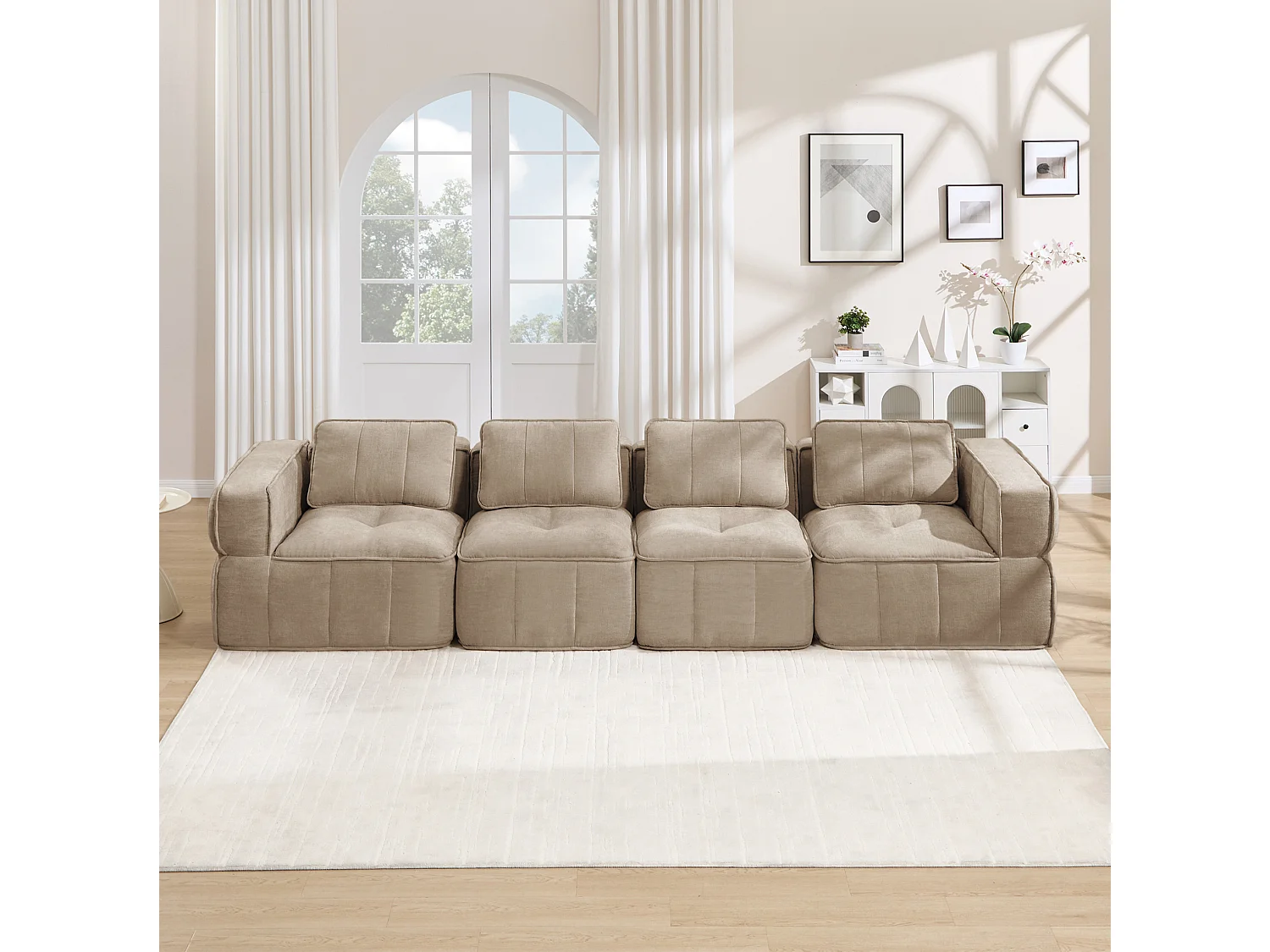 Modulbar rak soffa 4-sits i polyestertyg taupe, djup sittbredd, monteringsfri