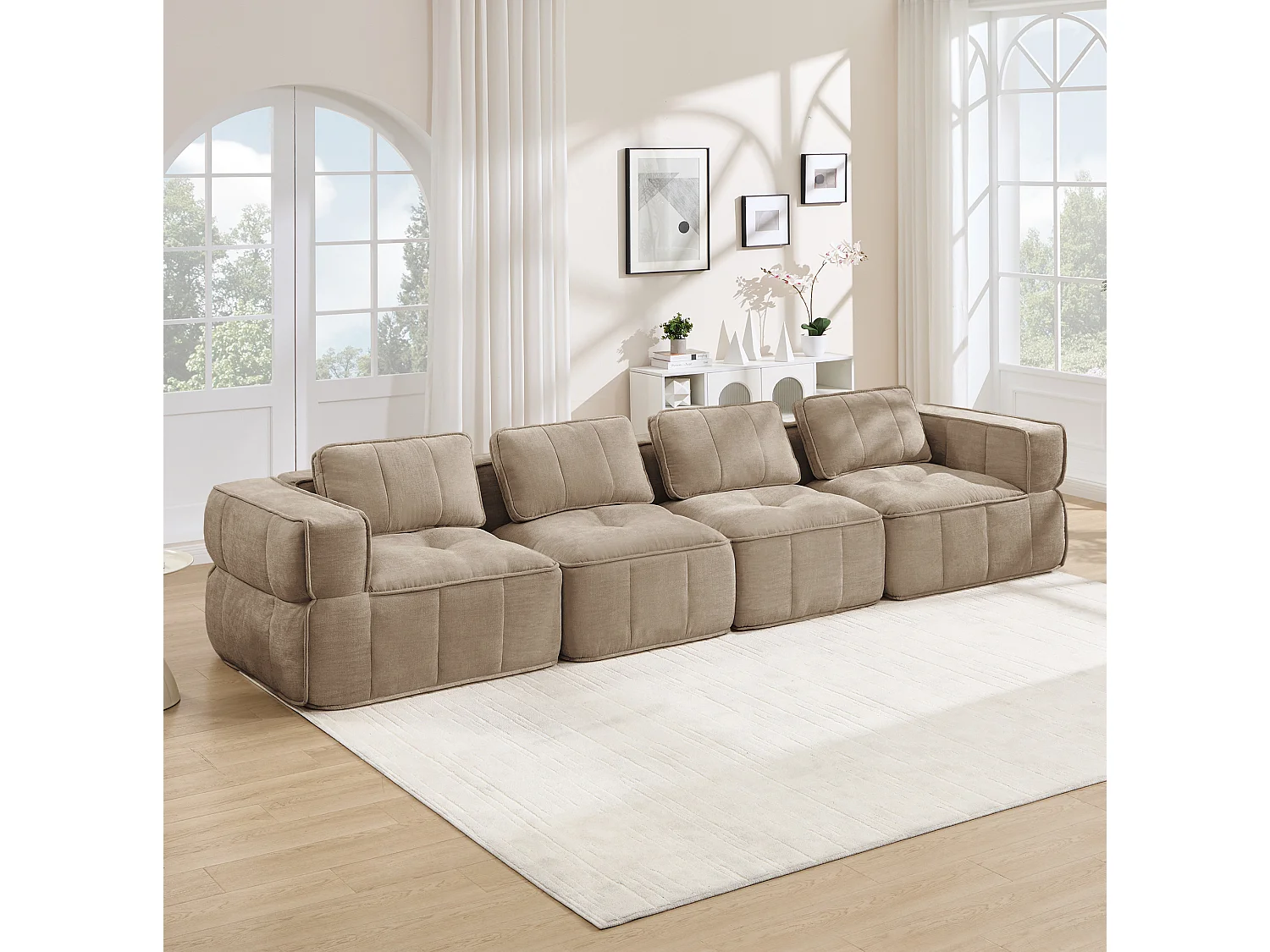 Modulbar rak soffa 4-sits i polyestertyg taupe, djup sittbredd, monteringsfri