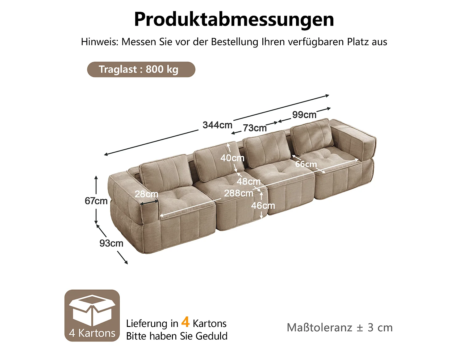 Modulbar rak soffa 4-sits i polyestertyg taupe, djup sittbredd, monteringsfri