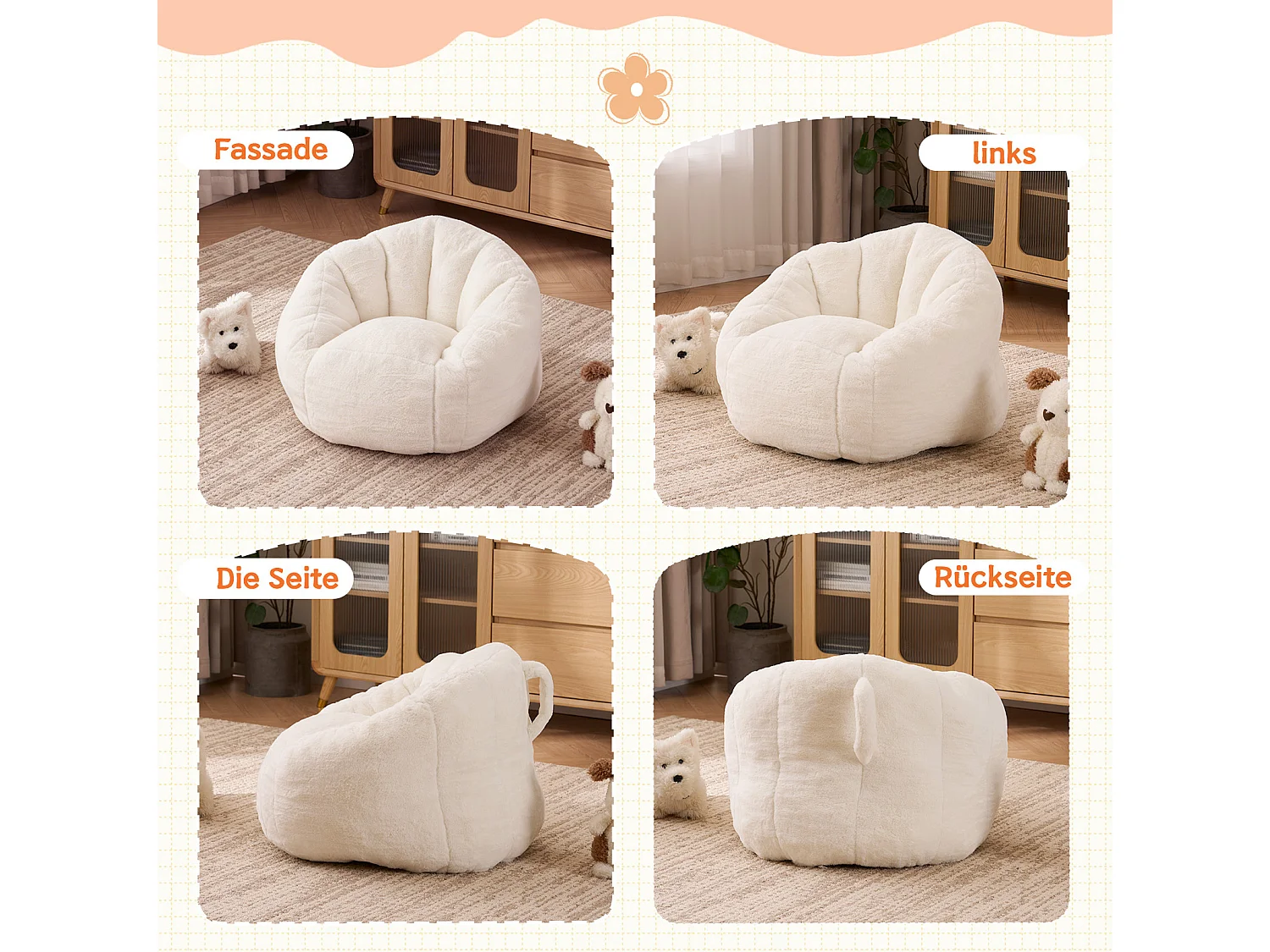 Beige barnpuff 75x70x52 cm i polyester, ergonomisk, för vardagsrum