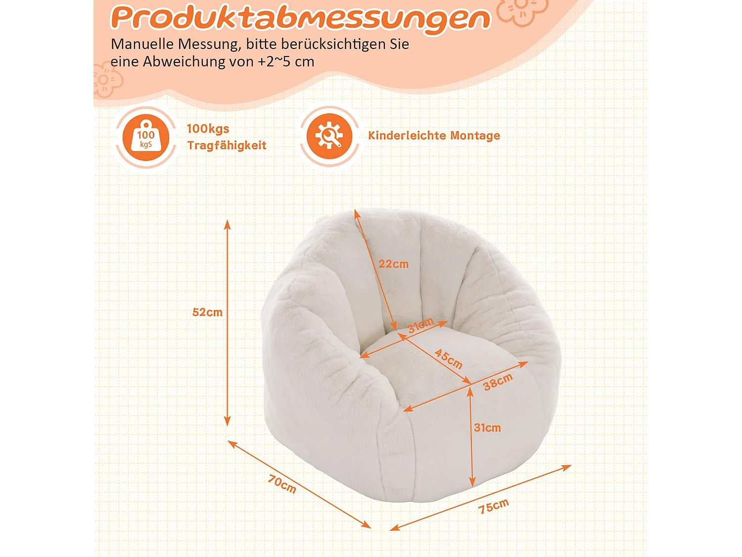 Beige barnpuff 75x70x52 cm i polyester, ergonomisk, för vardagsrum