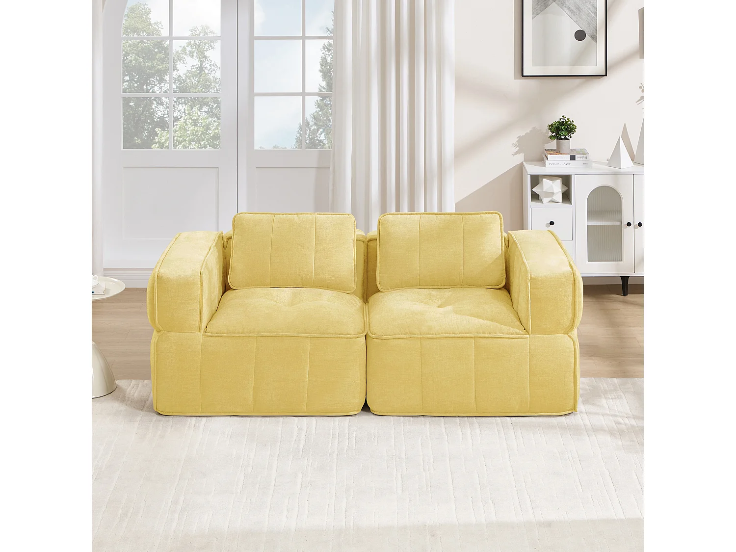Canapé droit modulaire 2 places en polyester jaune, assise profonde, sans montage