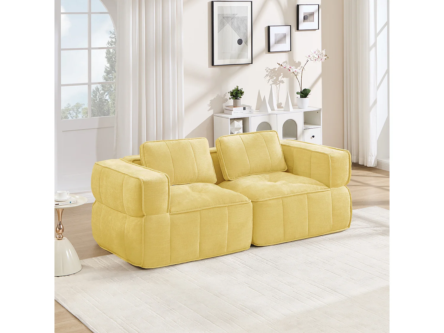 Canapé droit modulaire 2 places en polyester jaune, assise profonde, sans montage