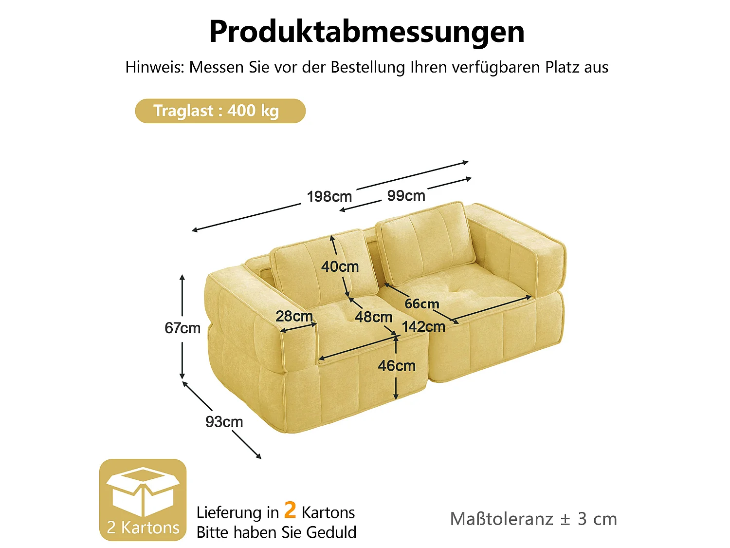 Canapé droit modulaire 2 places en polyester jaune, assise profonde, sans montage