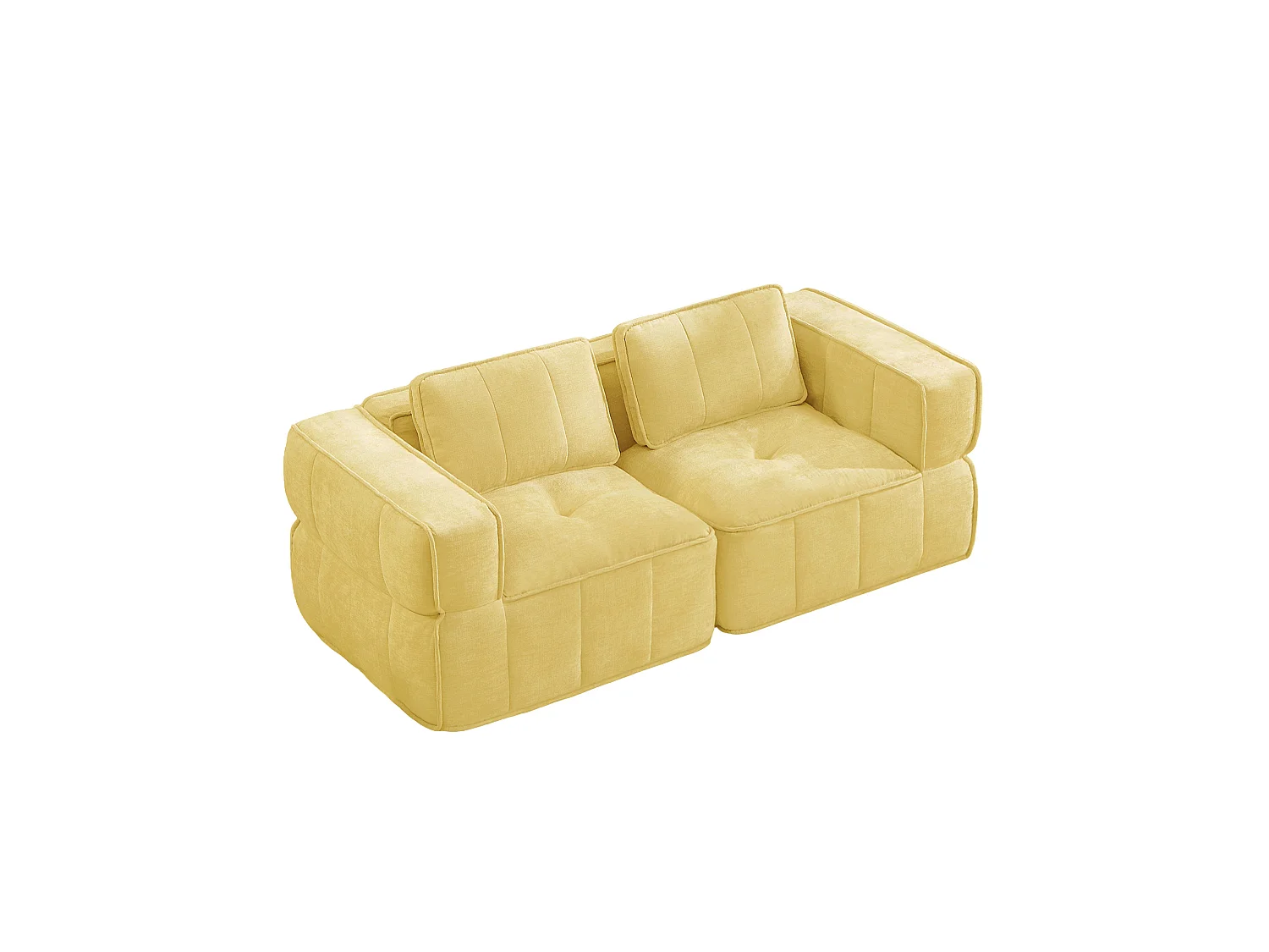 Canapé droit modulaire 2 places en polyester jaune, assise profonde, sans montage