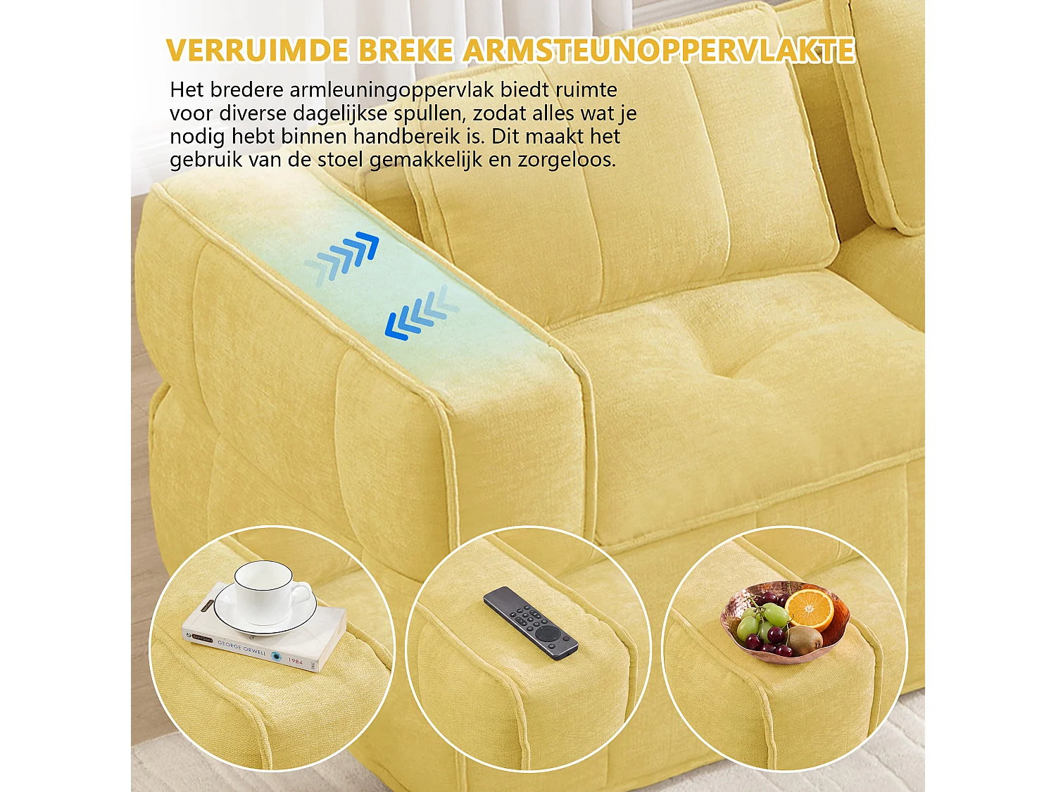 Canapé droit modulaire 2 places en polyester jaune, assise profonde, sans montage