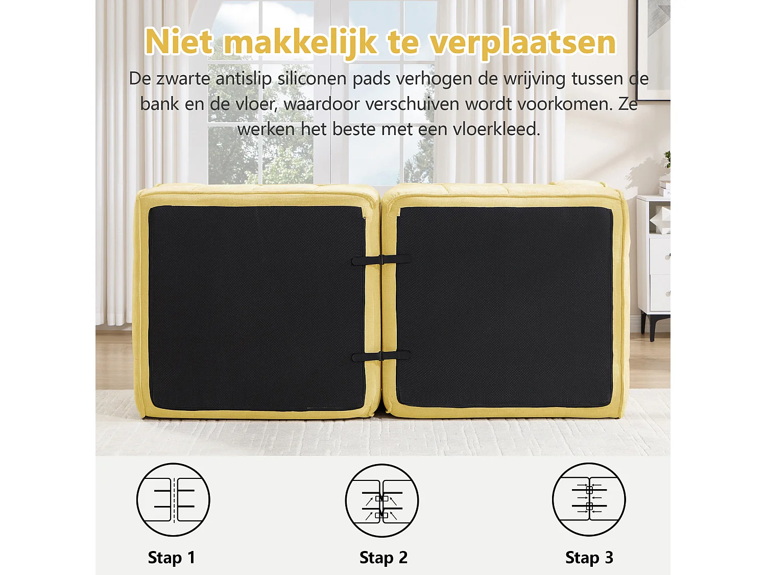 Canapé droit modulaire 2 places en polyester jaune, assise profonde, sans montage