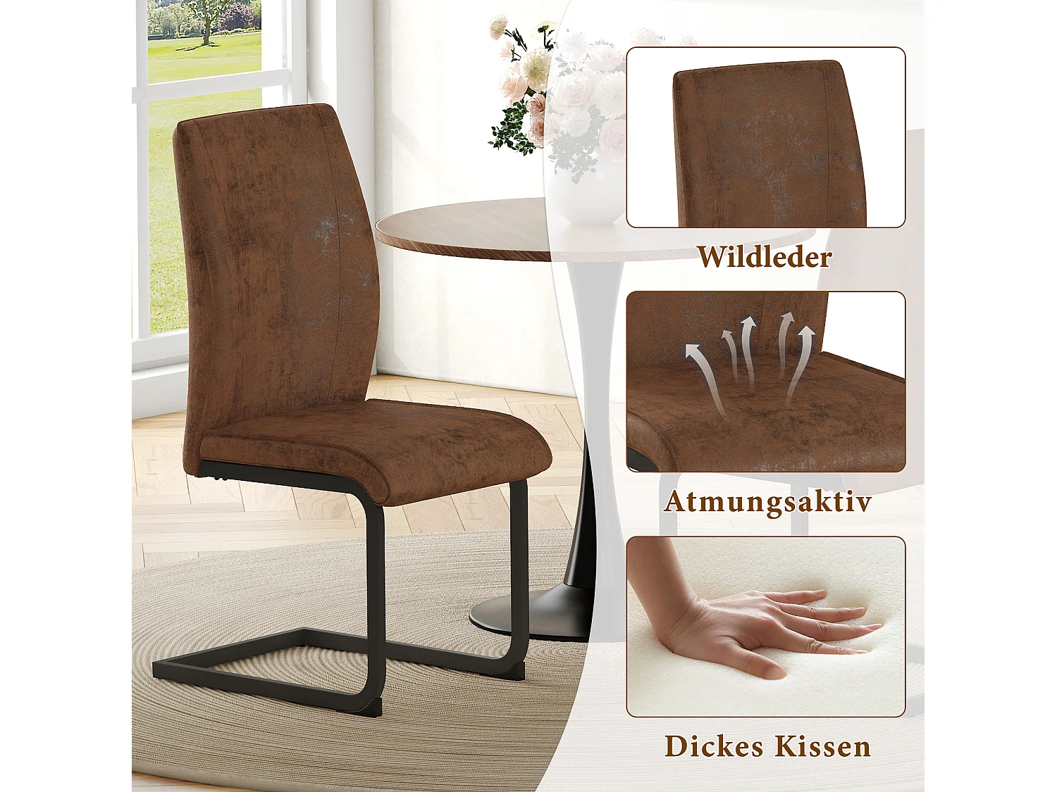 2er‑Set Esszimmerstühle aus braunem Stoff mit schwarzen Metallfüßen, komfortabel und stilvoll