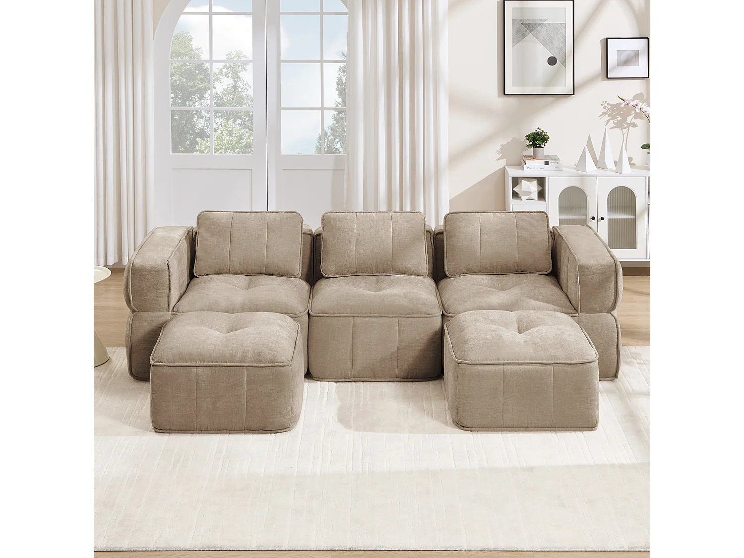 Canapé d'angle modulaire 3 places en polyester taupe avec 2 reposes‑pieds, assise profonde