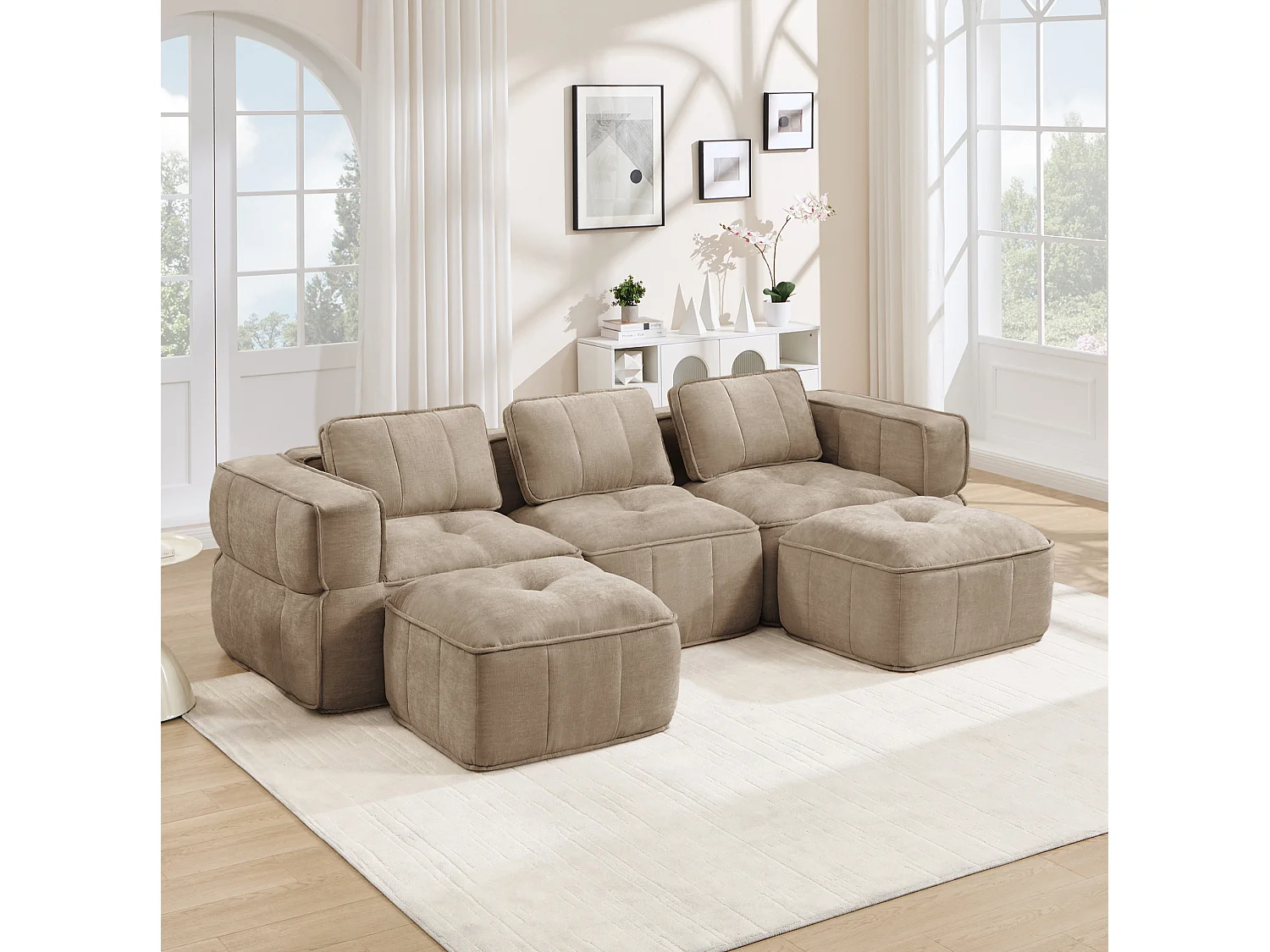 Canapé d'angle modulaire 3 places en polyester taupe avec 2 reposes‑pieds, assise profonde