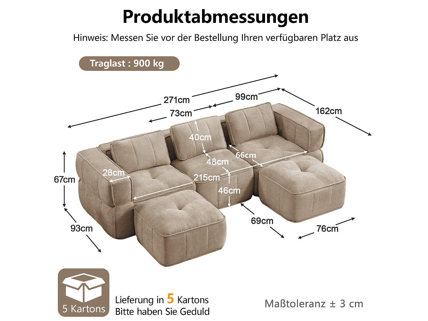 Canapé d'angle modulaire 3 places en polyester taupe avec 2 reposes‑pieds, assise profonde
