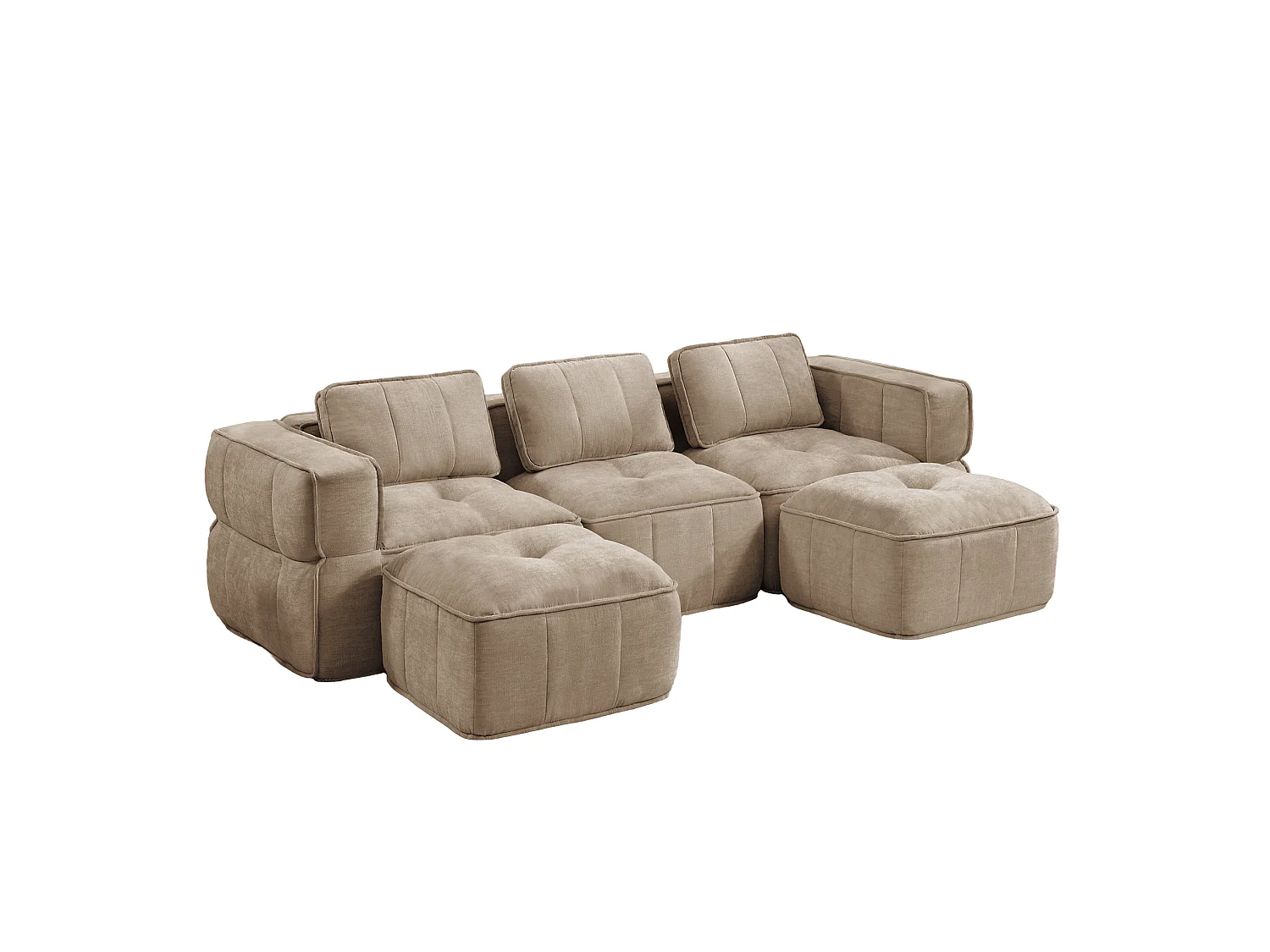 Canapé d'angle modulaire 3 places en polyester taupe avec 2 reposes‑pieds, assise profonde