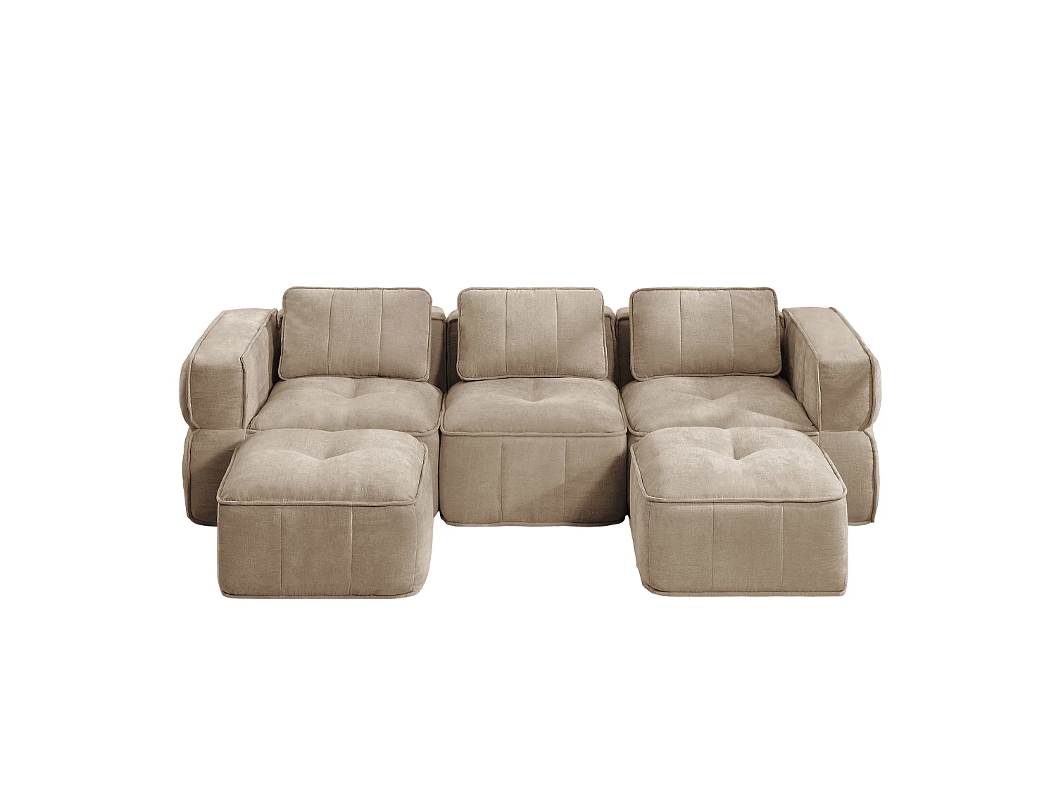 Canapé d'angle modulaire 3 places en polyester taupe avec 2 reposes‑pieds, assise profonde